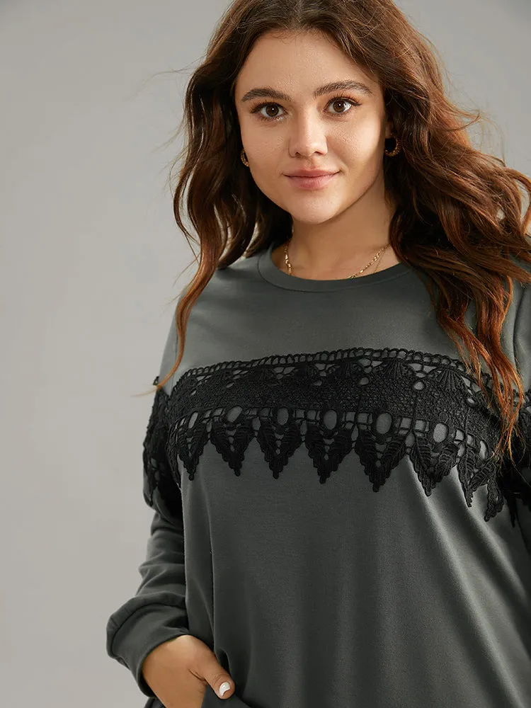 Plain Round Neck Patchwork Lace Panel Sweatshirt