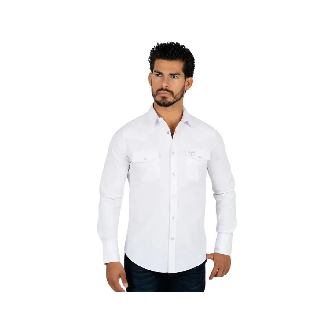 Platini Men's Western Snap Solid Dress White Shirt