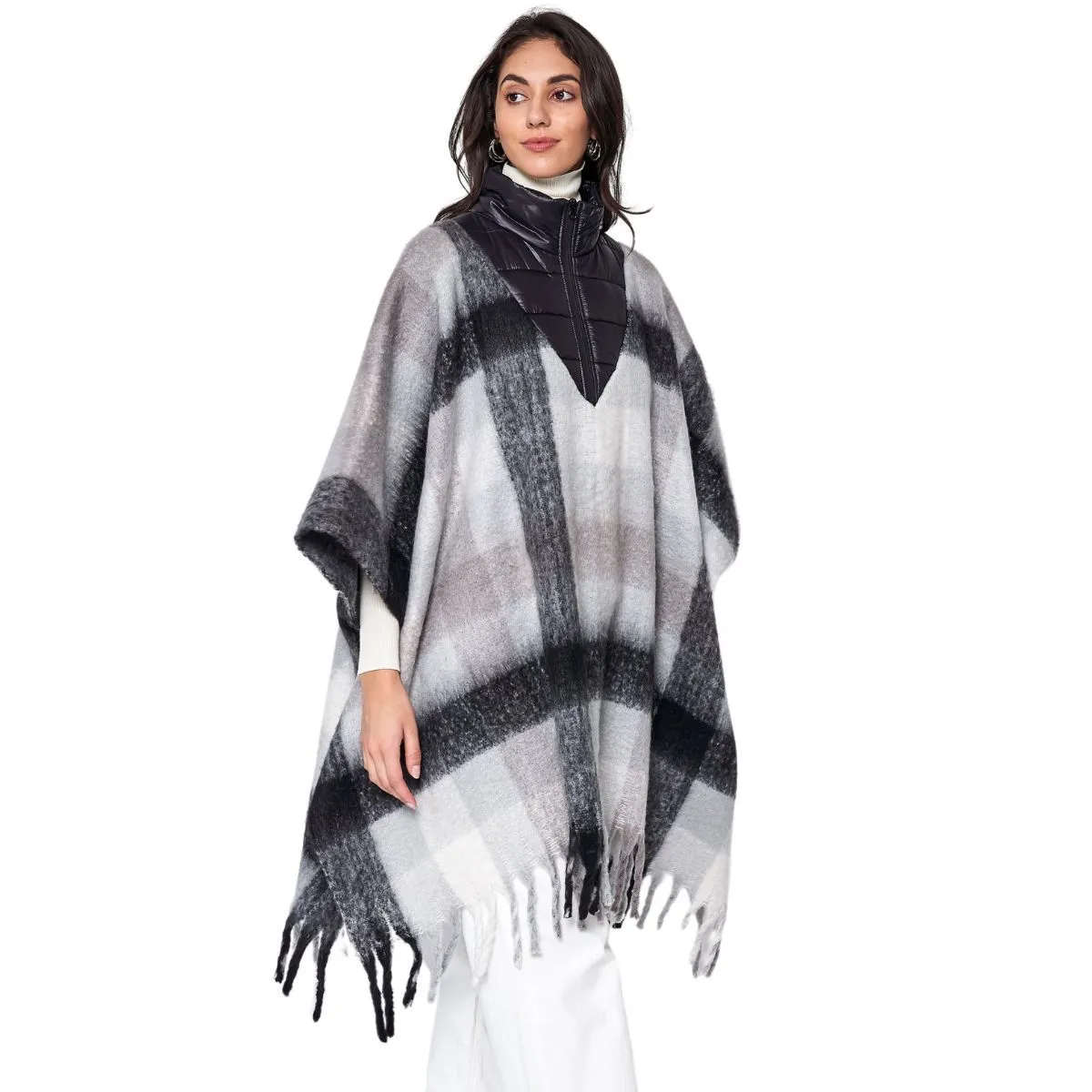 Poly Black Plaid Long Zip Fringe Poncho  for Women