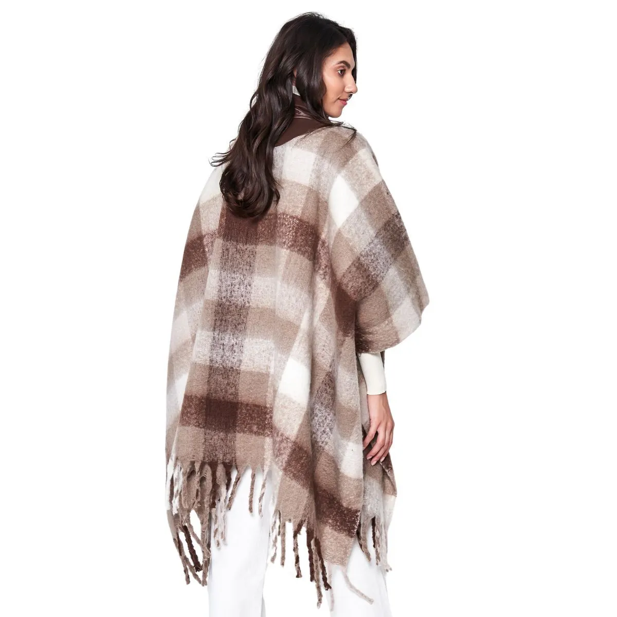 Poly Brown Plaid Long Zip Fringe Poncho for Women