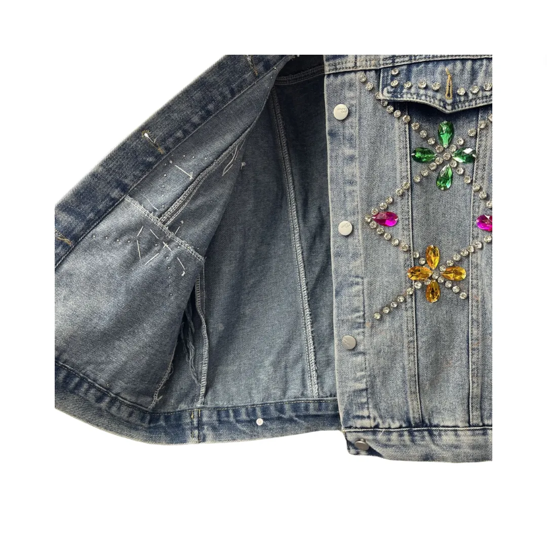 Pre Order: Nail Bead Inlaid Diamond Loose Denim Jacket