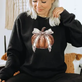 Pumpkin with Lace Coquette Bow Fall Crewneck Sweatshirt