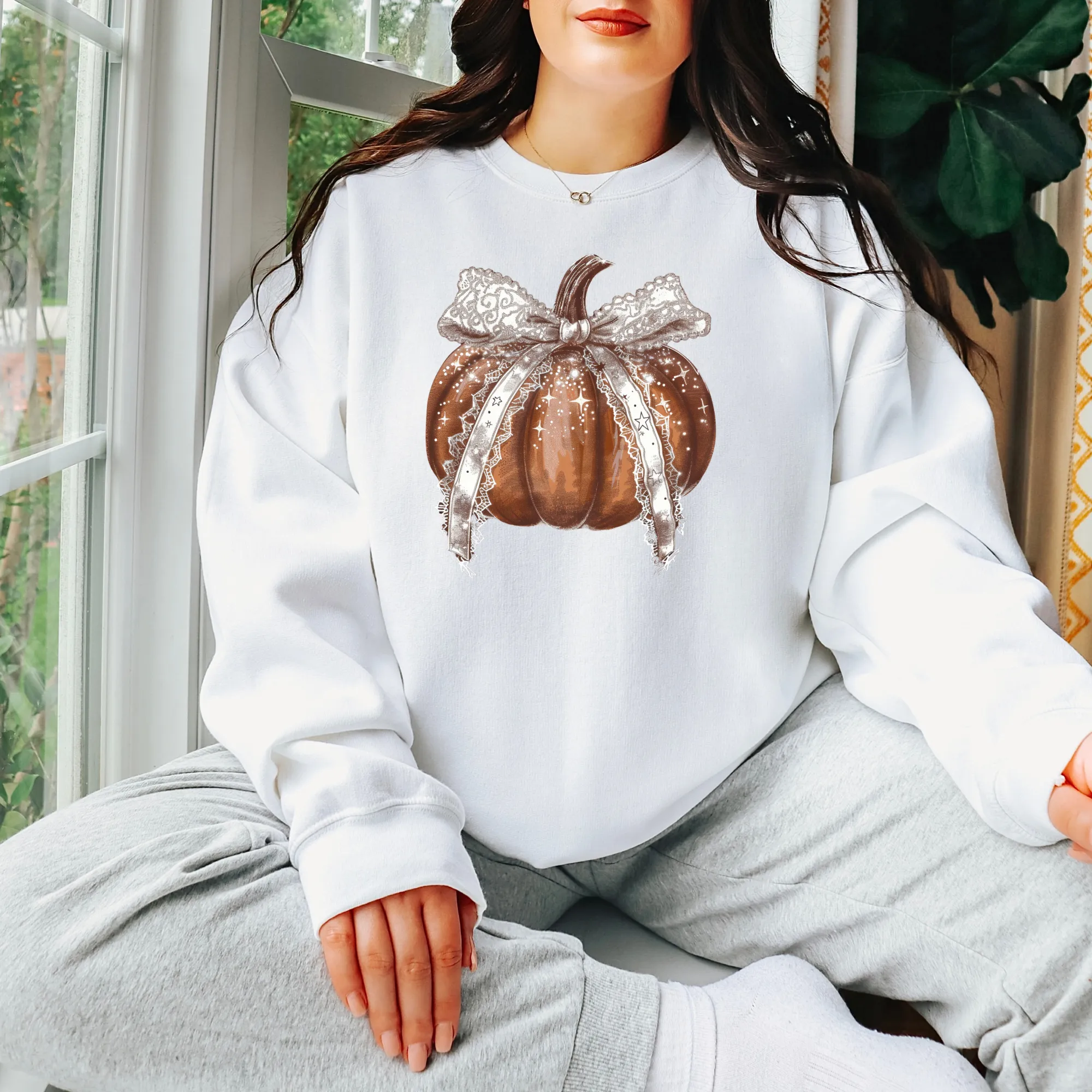 Pumpkin with Lace Coquette Bow Fall Crewneck Sweatshirt