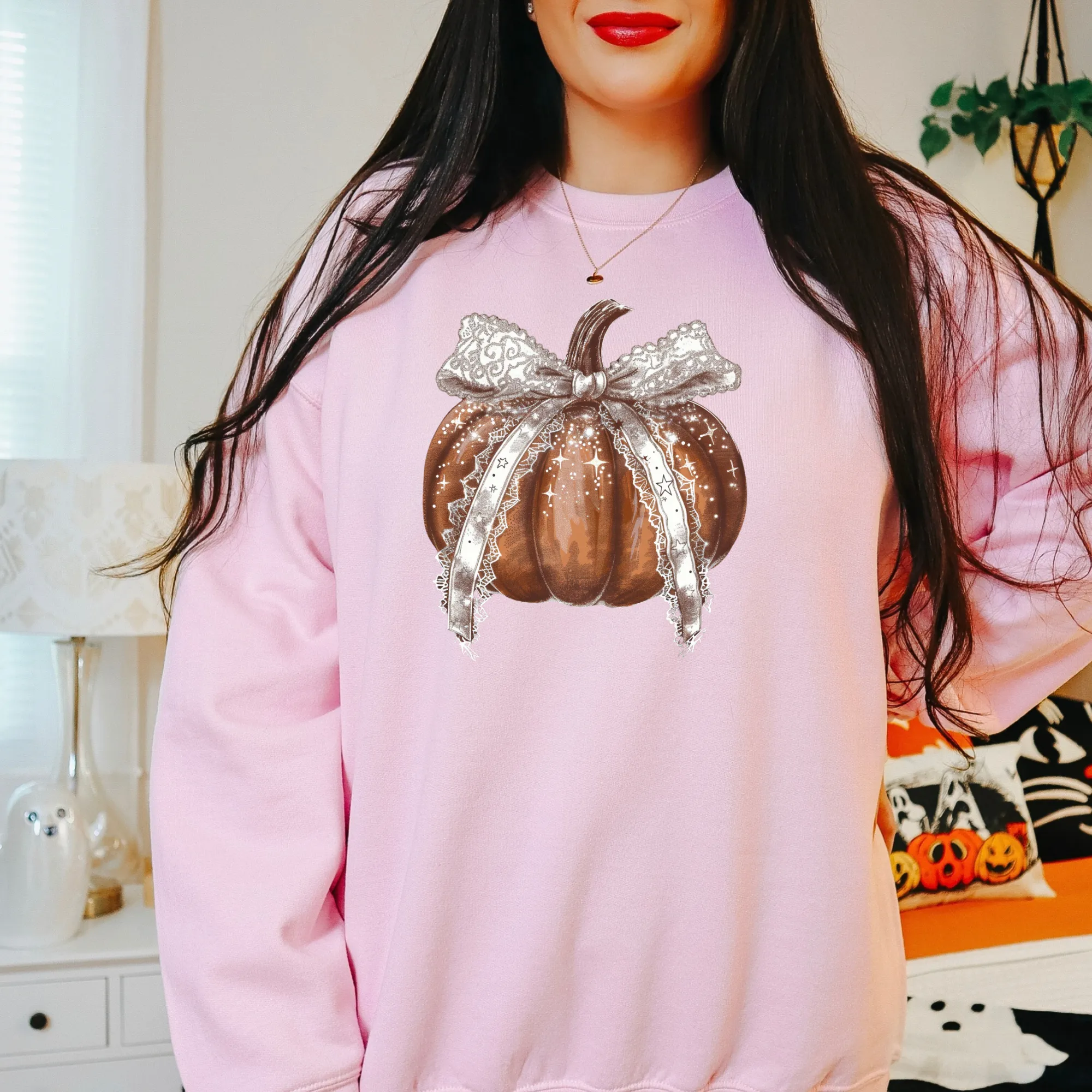 Pumpkin with Lace Coquette Bow Fall Crewneck Sweatshirt