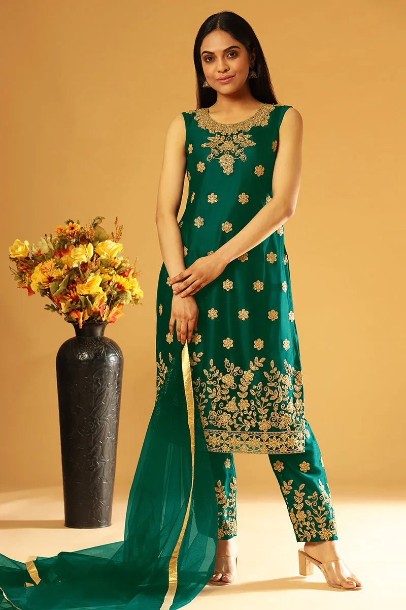 Pure Green Festive Wear Straight Cut Pant Style Suit