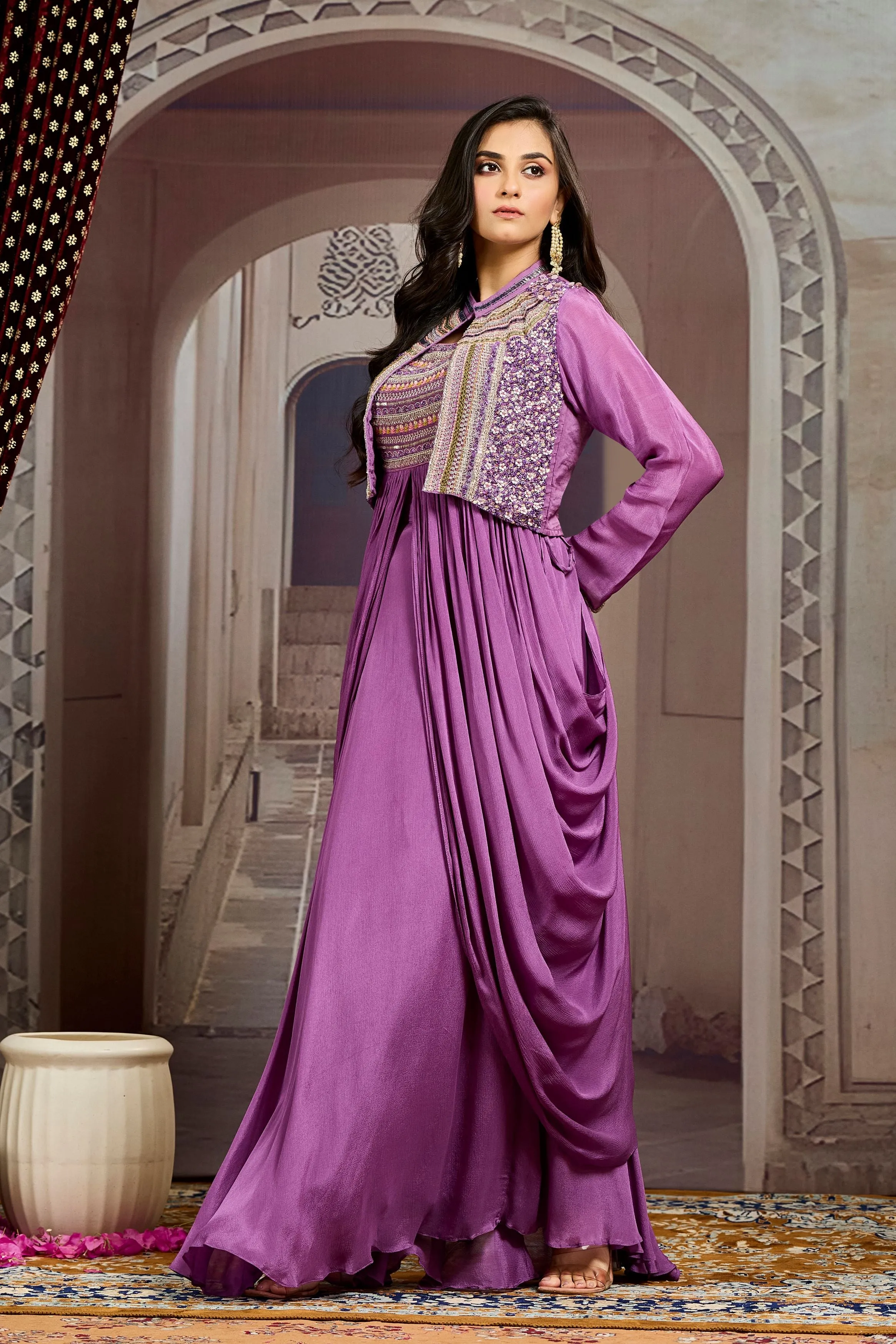 Purple  Embellished Chinon Silk Jacket Skirt Set