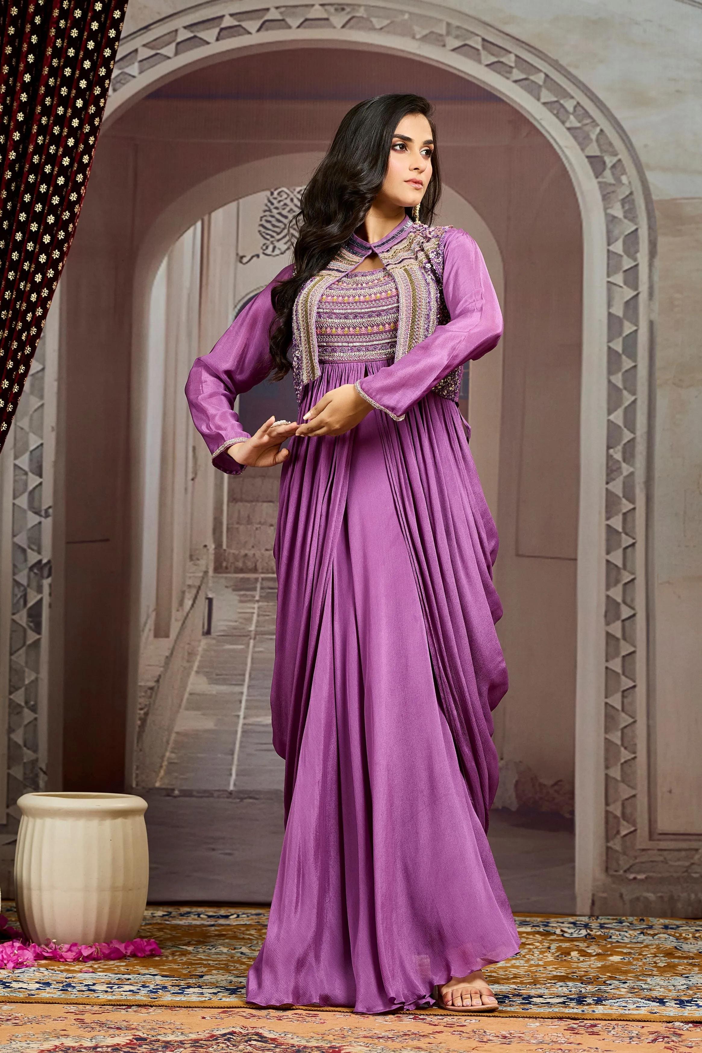 Purple  Embellished Chinon Silk Jacket Skirt Set