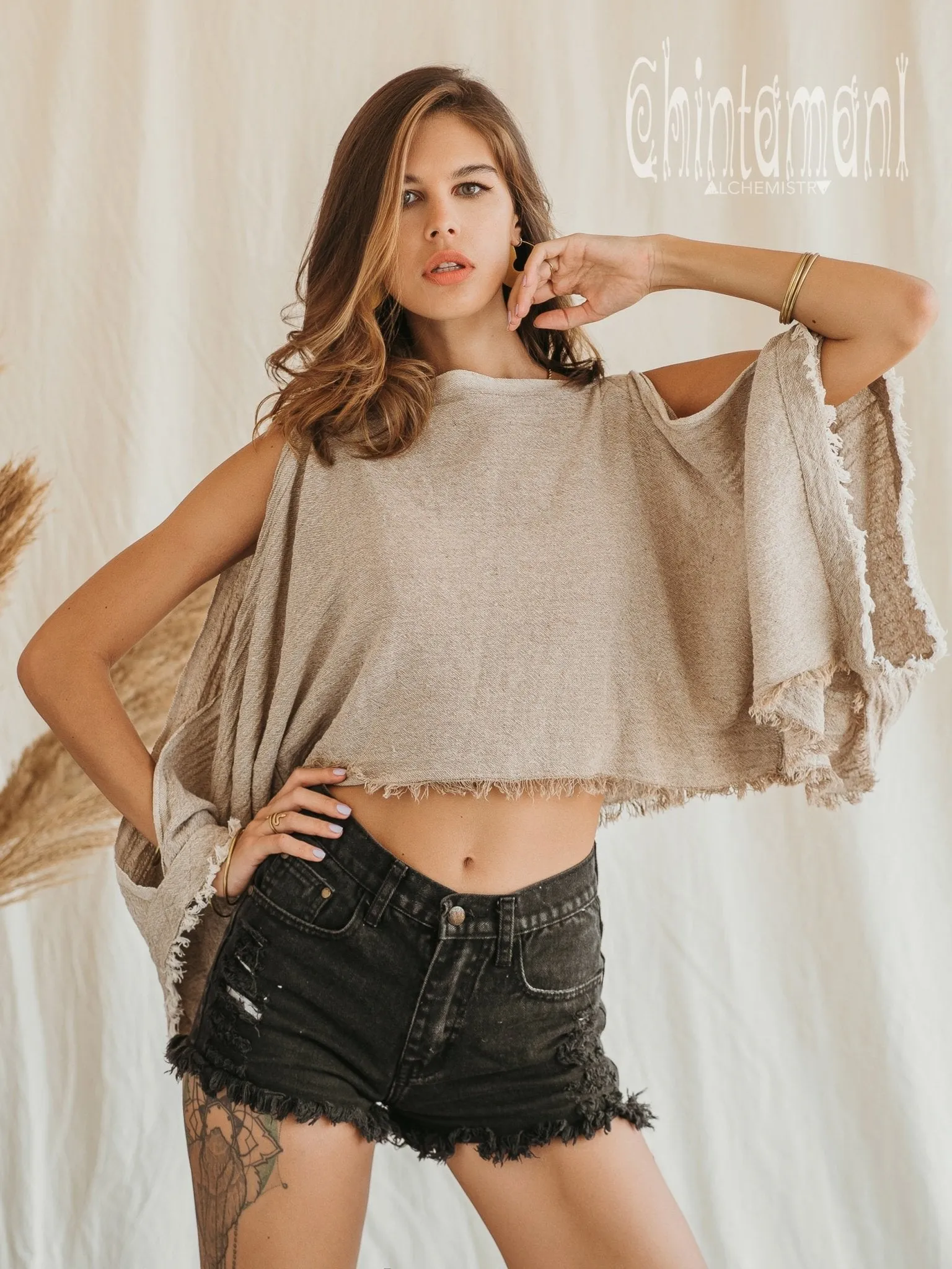 Raw Cotton Poncho Crop Top / Beige