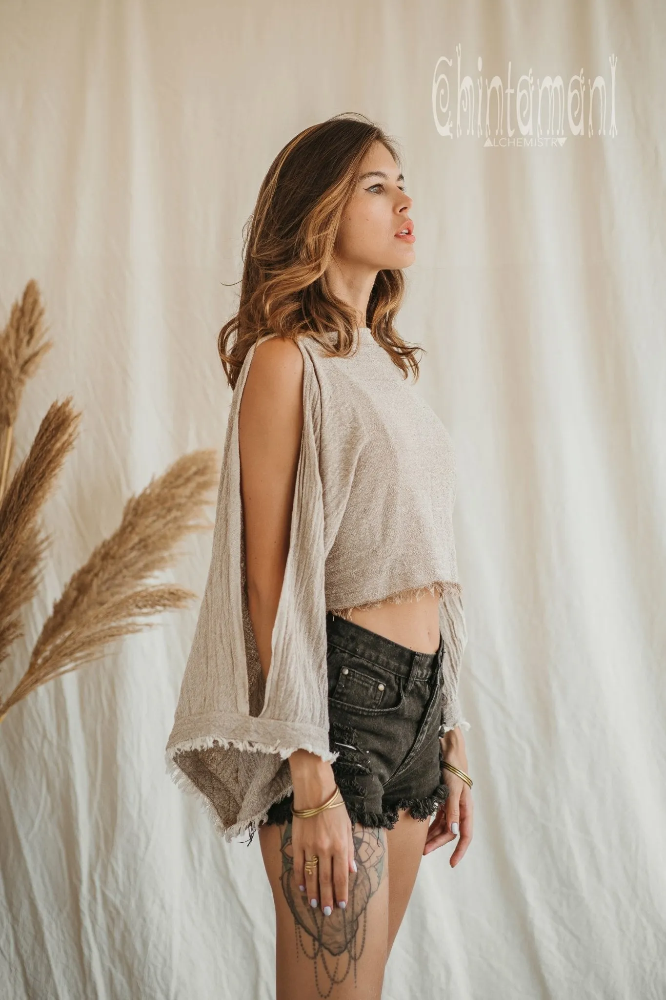 Raw Cotton Poncho Crop Top / Beige