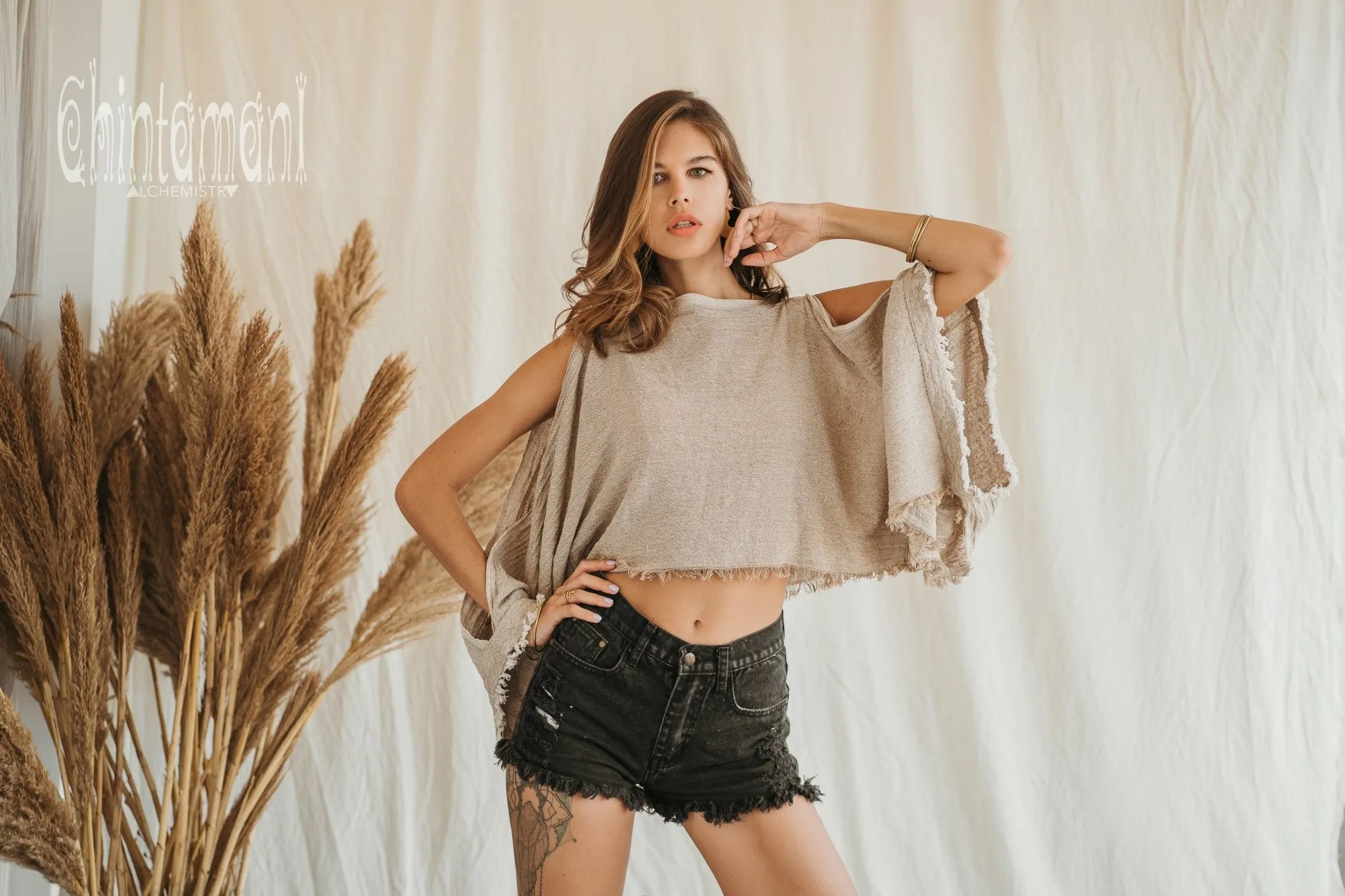 Raw Cotton Poncho Crop Top / Beige