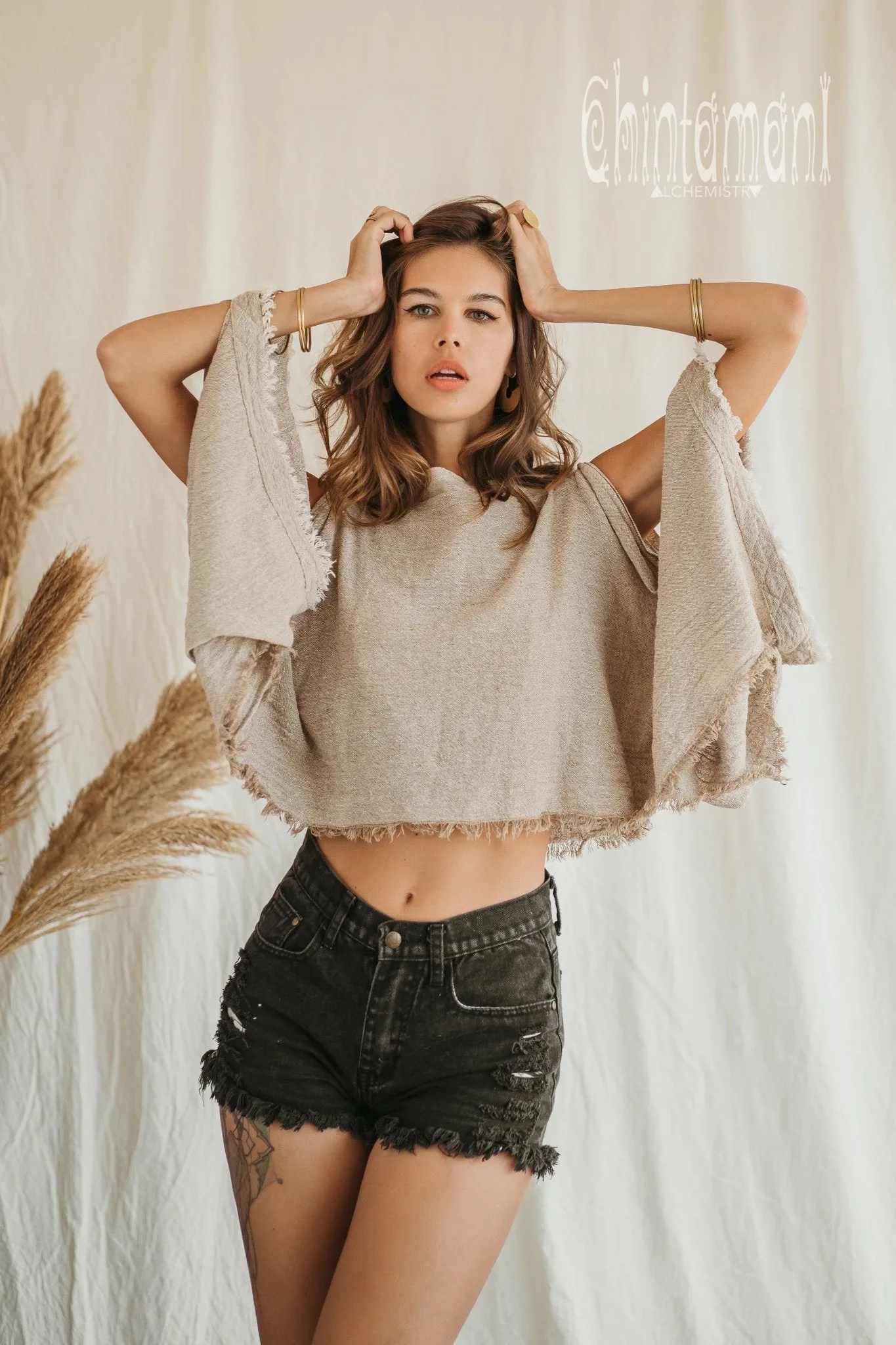 Raw Cotton Poncho Crop Top / Beige