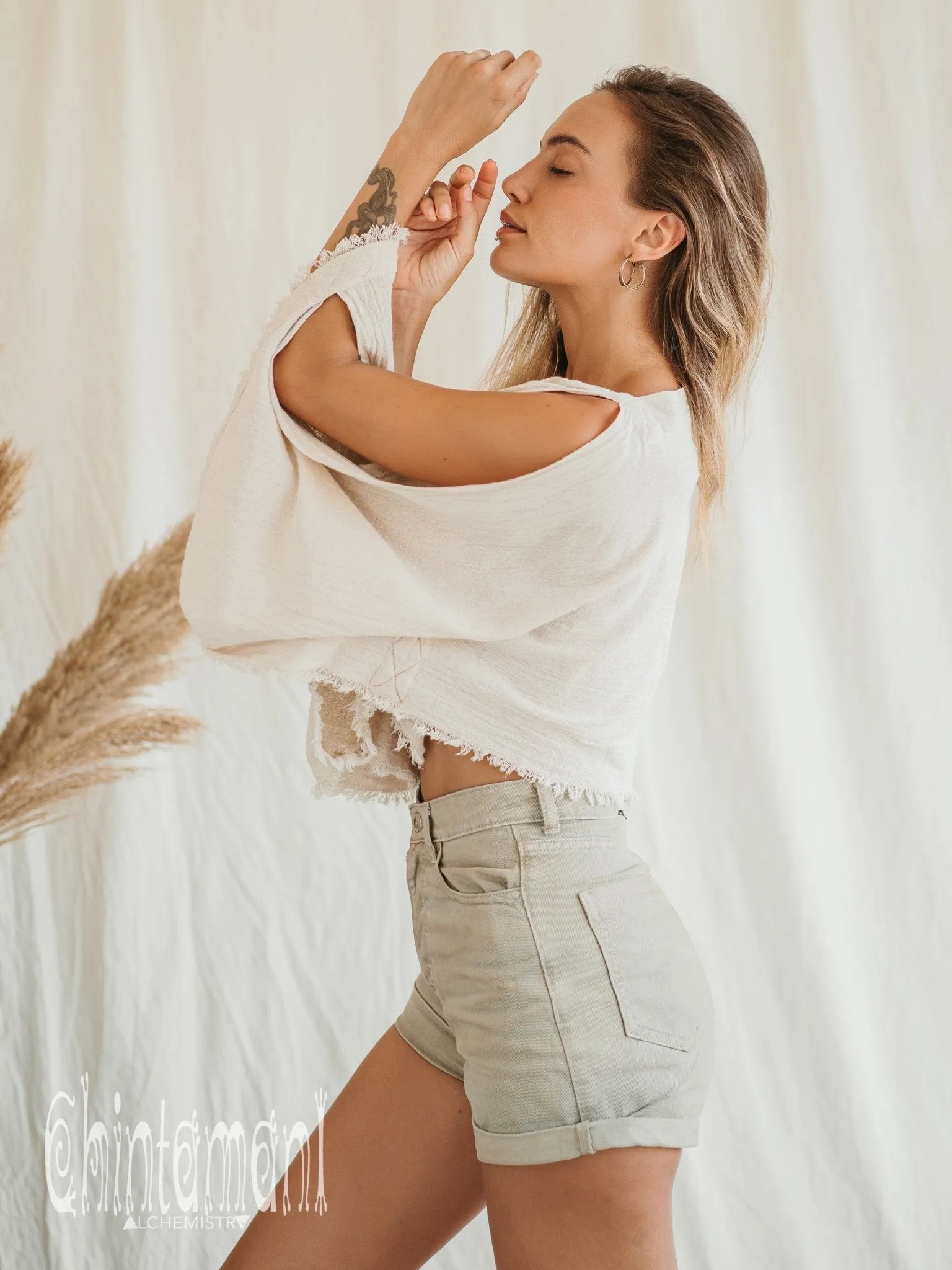 Raw Cotton Poncho Crop Top / Off White