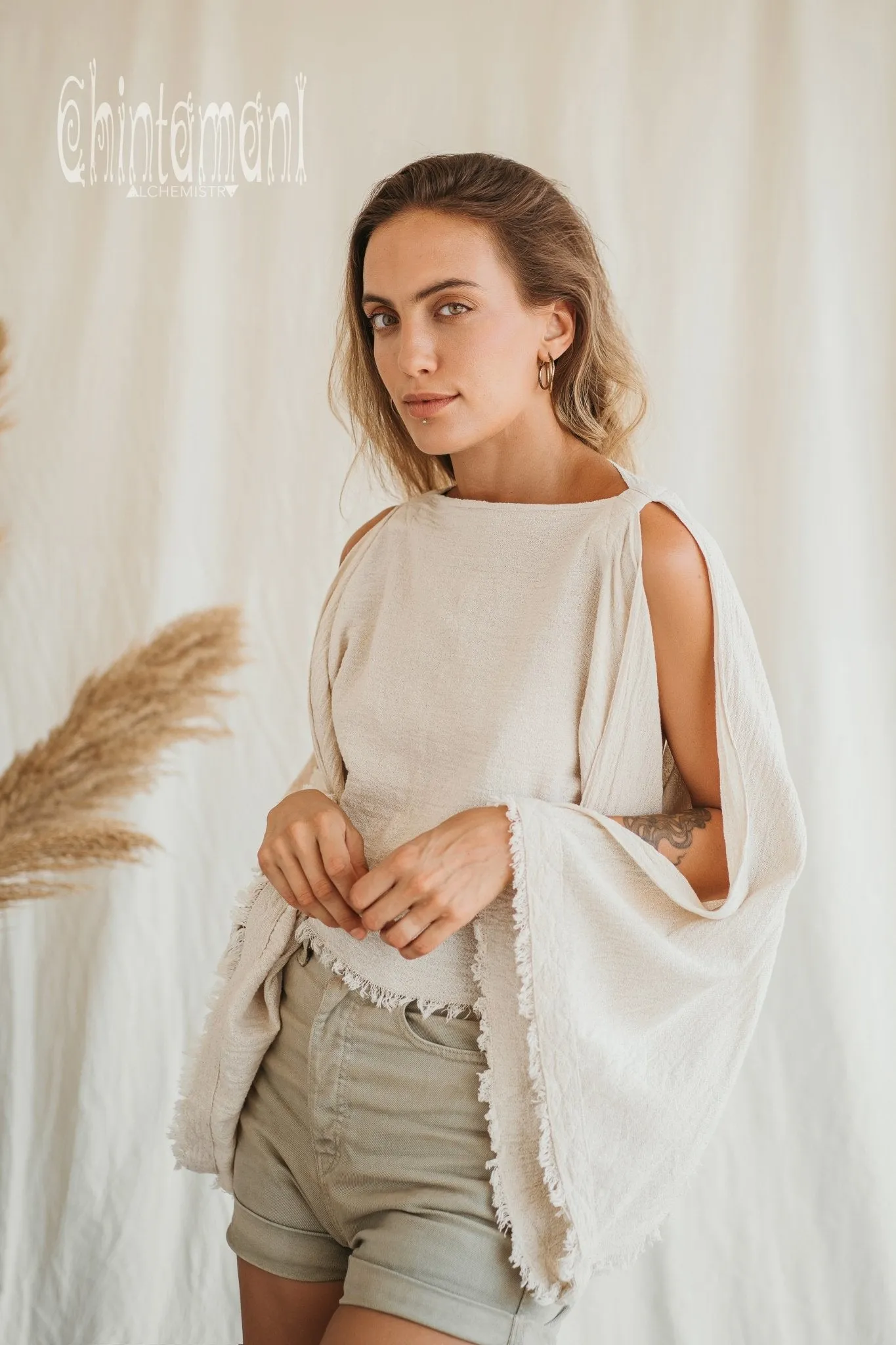 Raw Cotton Poncho Crop Top / Off White