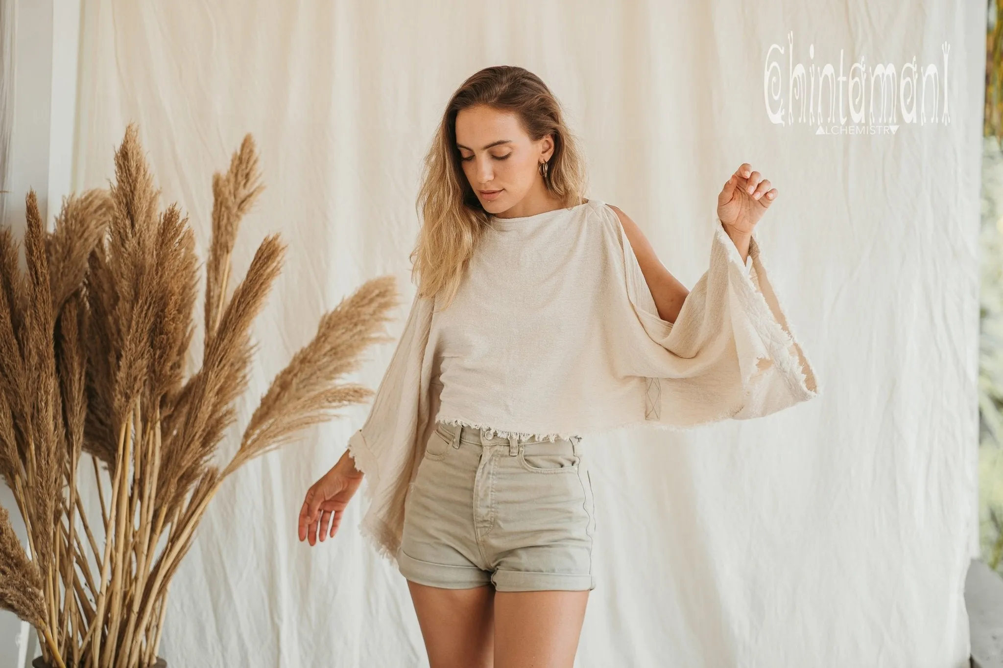 Raw Cotton Poncho Crop Top / Off White