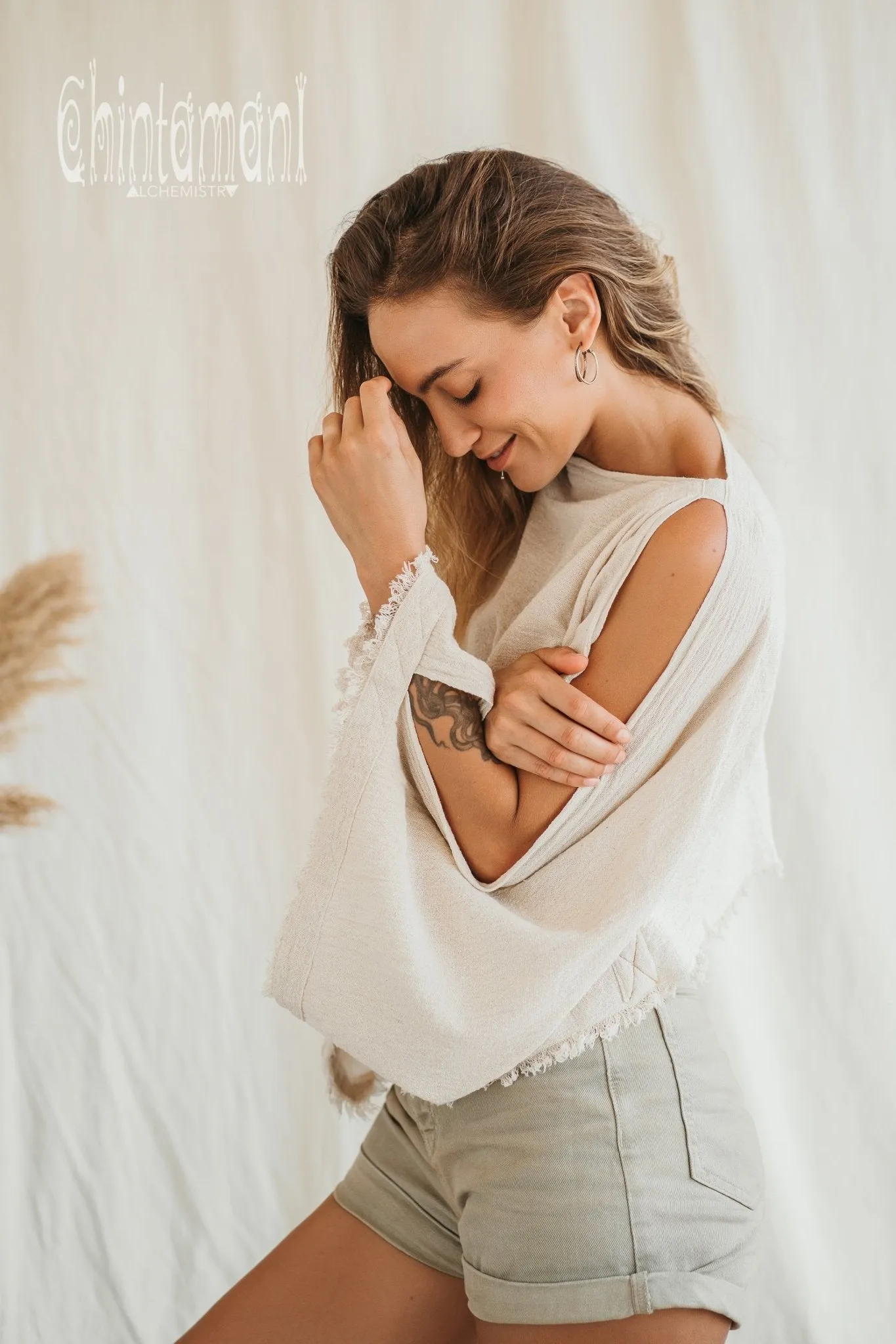 Raw Cotton Poncho Crop Top / Off White