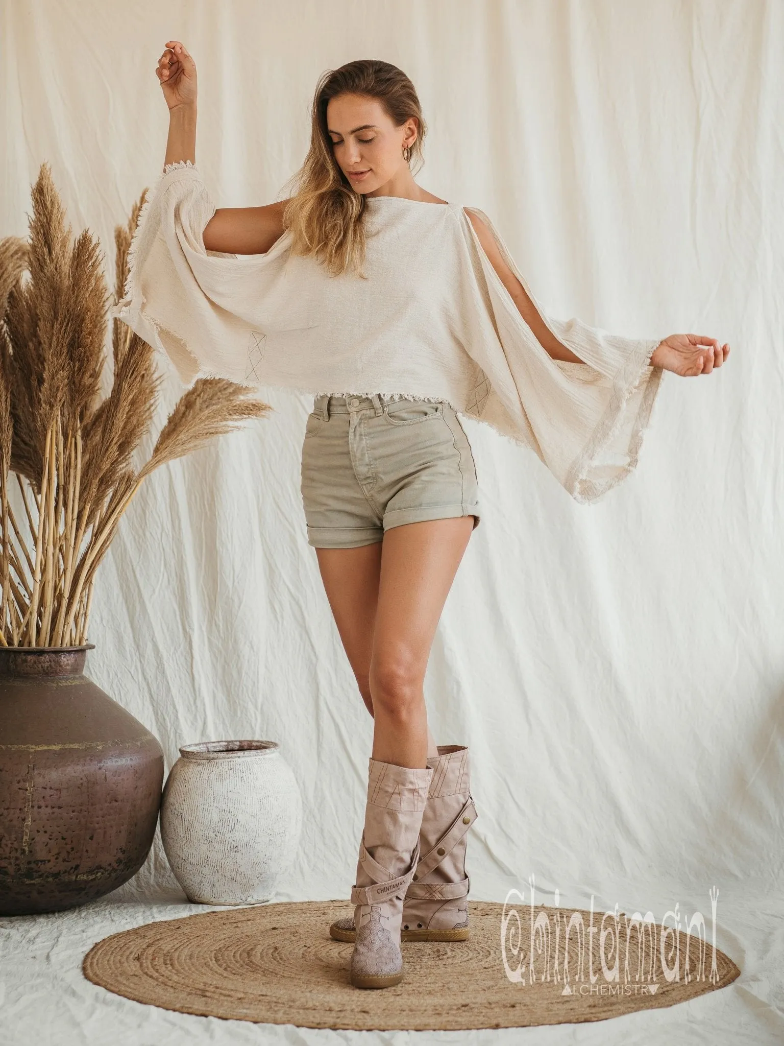 Raw Cotton Poncho Crop Top / Off White