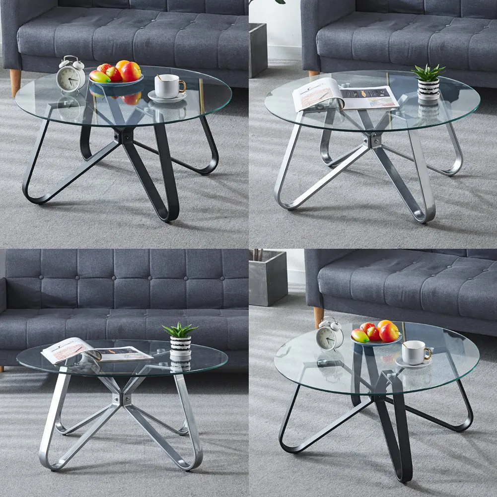 Round Coffee Table Glass Top Accent Table with Creative Metal Base