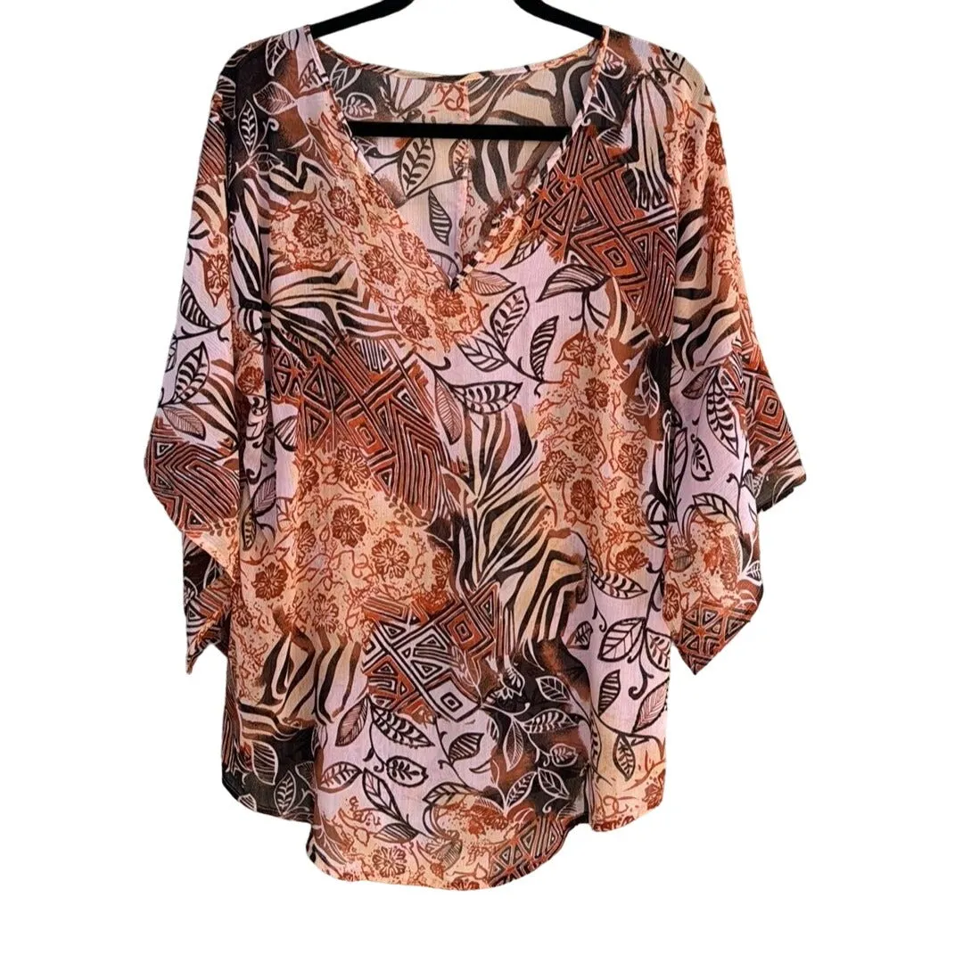 Semi Sheer Women's Multicolor Flowy Boho Geometric Print V-Neck Beaded Blouse -L