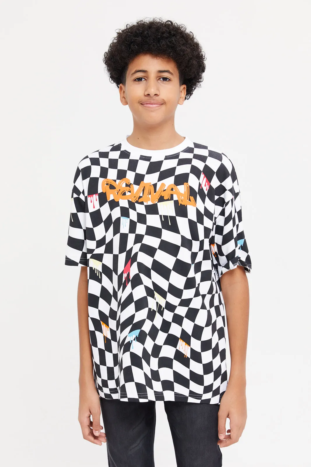 Senior Boys Black And White Printed Oversize T-Shirt