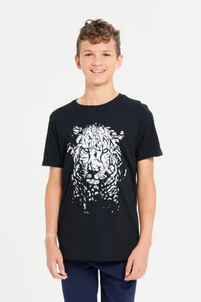 Senior Boys Black Cheetah Face Print T-Shirt