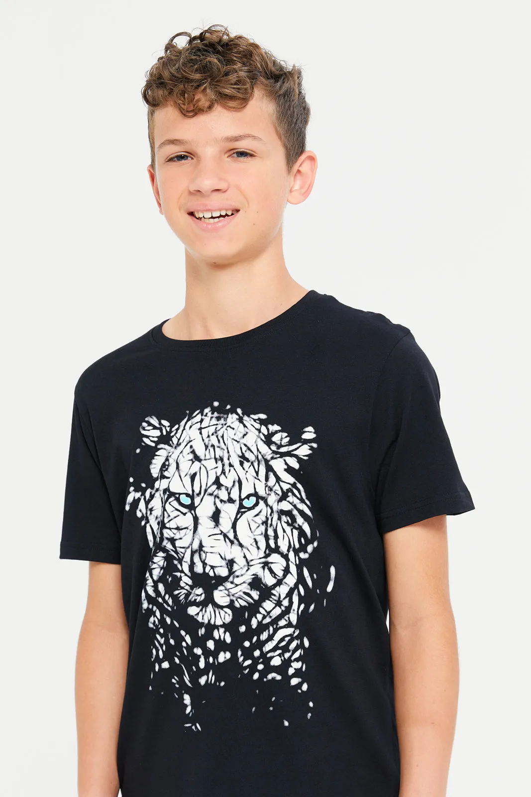 Senior Boys Black Cheetah Face Print T-Shirt