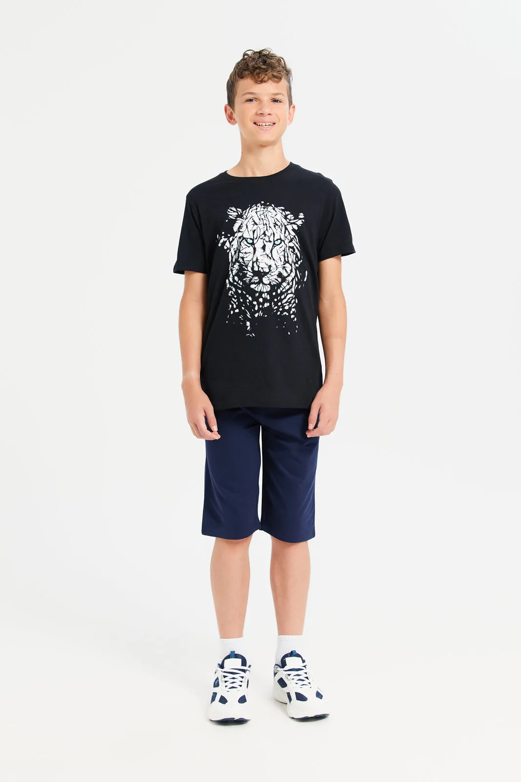 Senior Boys Black Cheetah Face Print T-Shirt