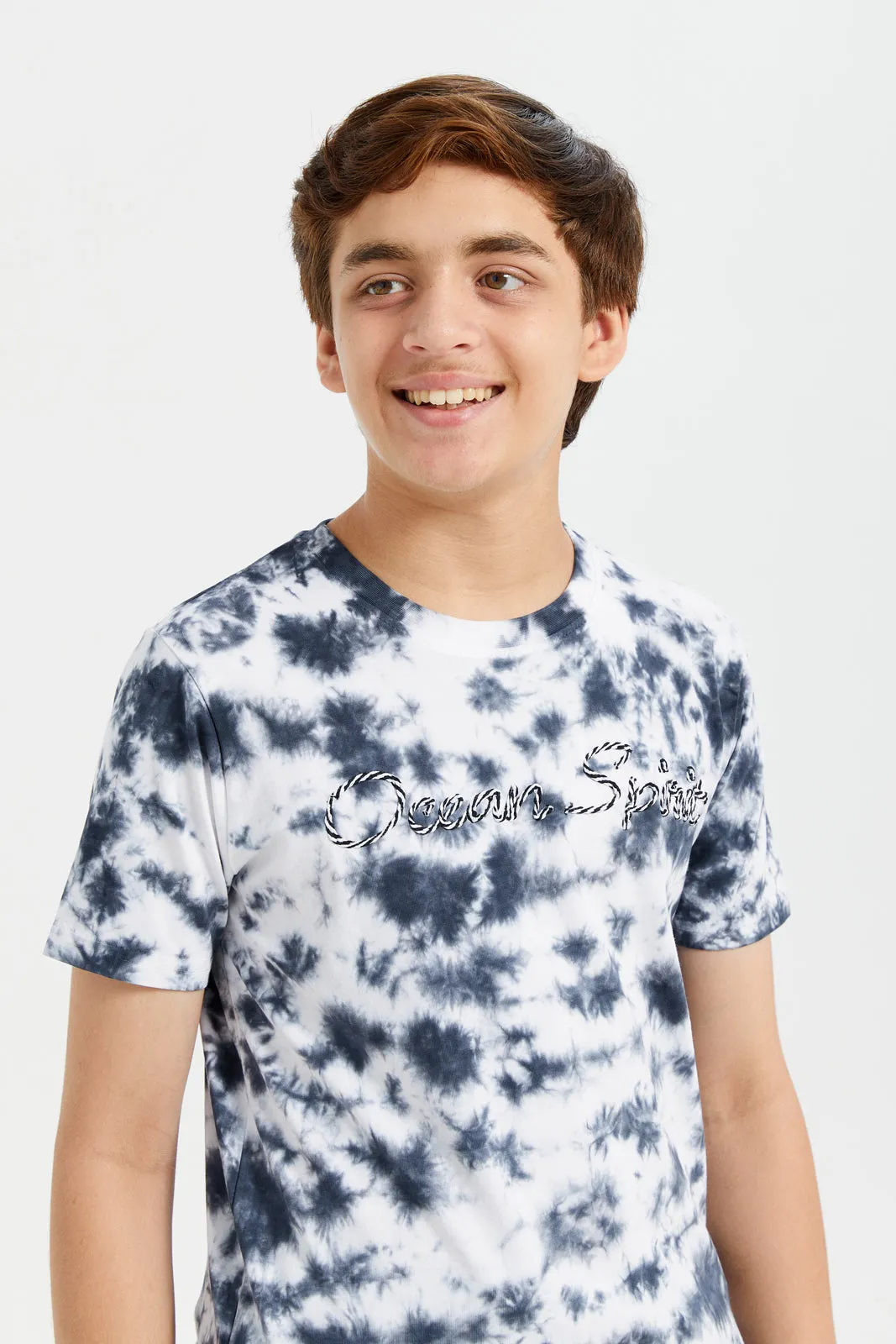 Senior Boys White And Navy Embroidered Tie Dye T-Shirt