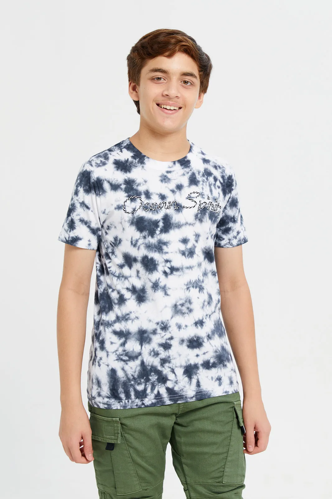 Senior Boys White And Navy Embroidered Tie Dye T-Shirt