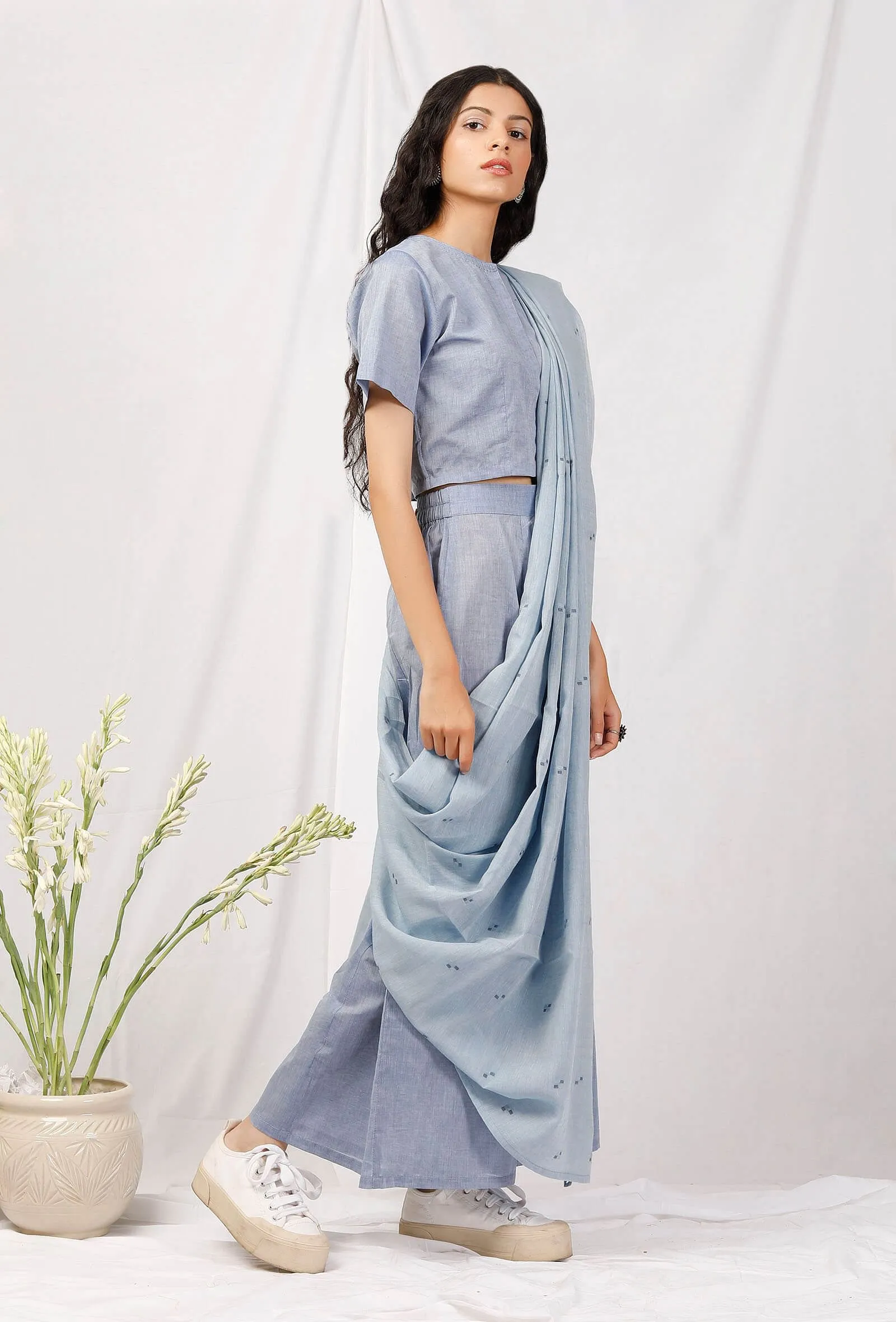 Set Of 3: Chambray Blouse And Culottes With Jamdani Saree