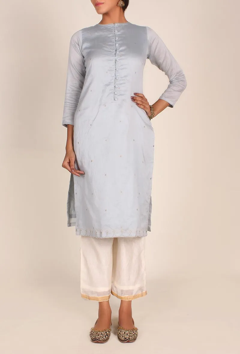 Set of 3 - Pastel Grey Chanderi Kurta And Palazzo Set With Dupatta