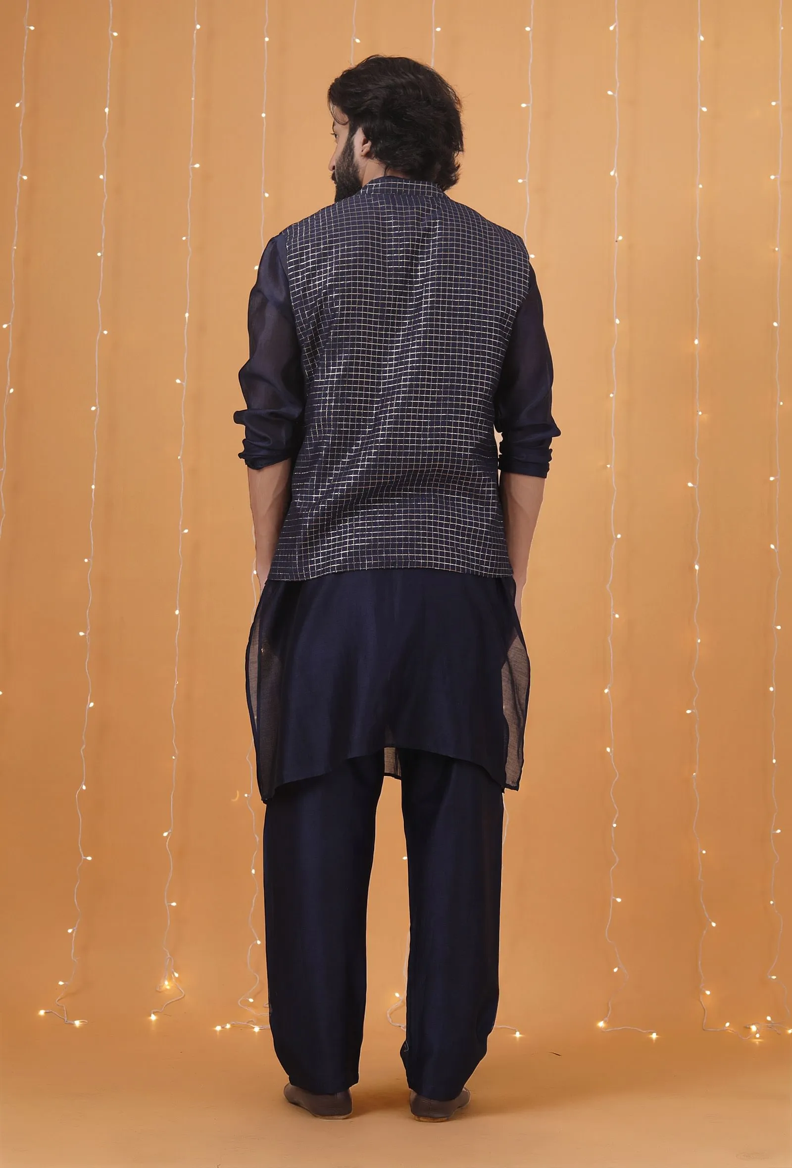 Set Of 3: Space Blue Checkered Chanderi Nehru Jacket, Kurta & Pajama