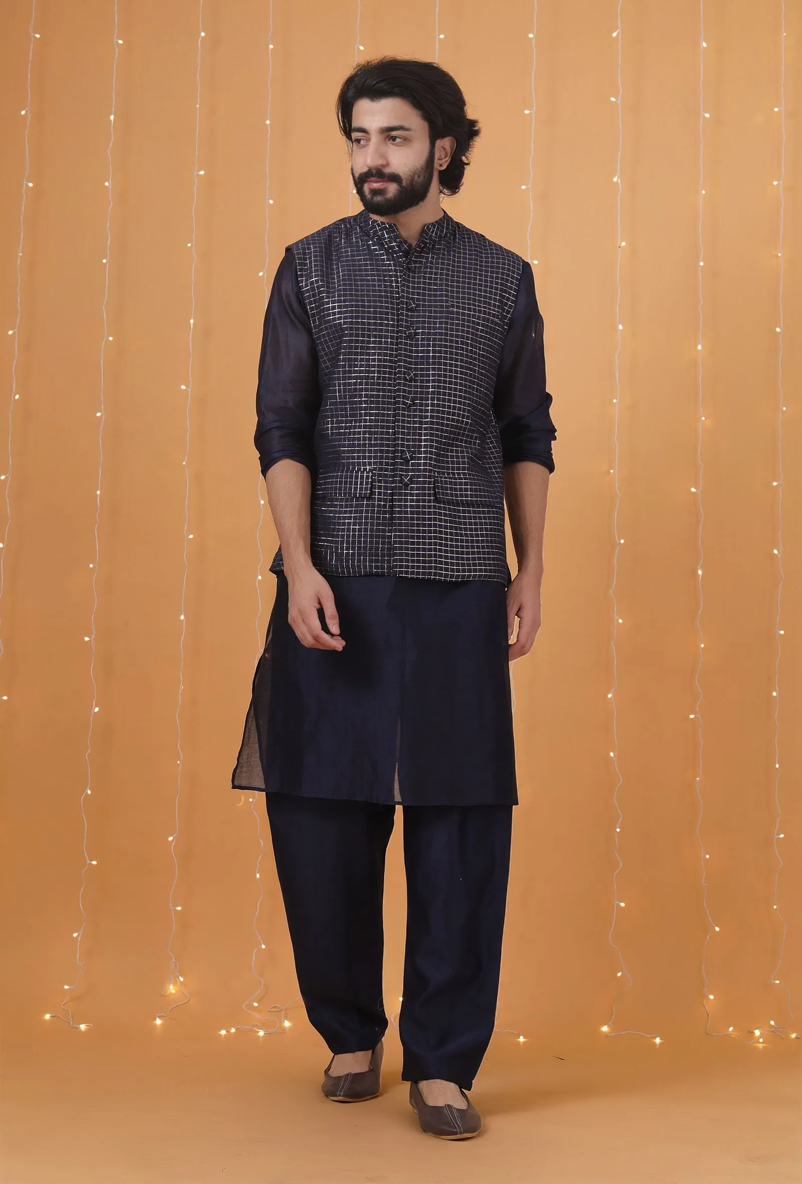 Set Of 3: Space Blue Checkered Chanderi Nehru Jacket, Kurta & Pajama