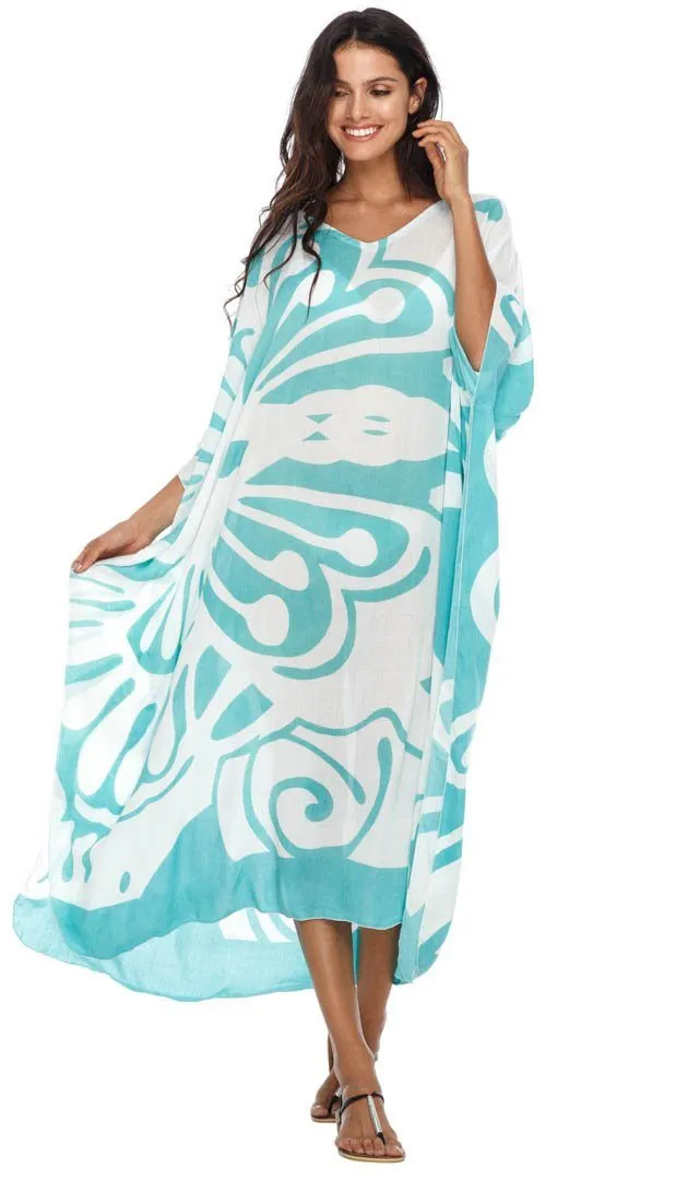 SHU-SHI Women's Long Beach Butterfly Caftan Tunic Dress - Swimsuit Cover-Up Loose Poncho