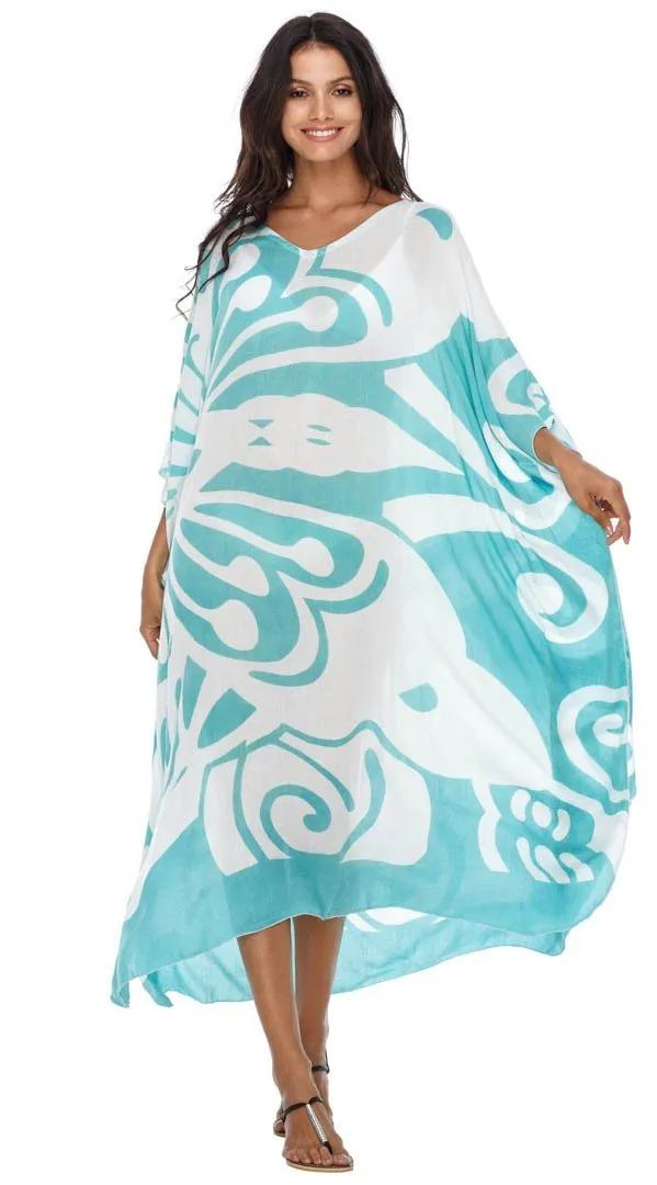 SHU-SHI Women's Long Beach Butterfly Caftan Tunic Dress - Swimsuit Cover-Up Loose Poncho