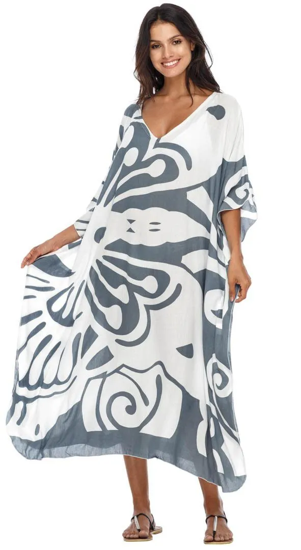 SHU-SHI Women's Long Beach Butterfly Caftan Tunic Dress - Swimsuit Cover-Up Loose Poncho