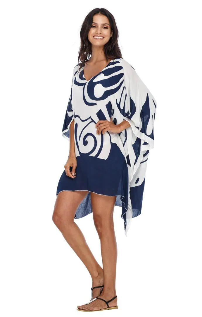 SHU-SHI Women's Short Beach Caftan - Butterfly Loose Swimsuit Cover-Up, Poncho Tunic Dress