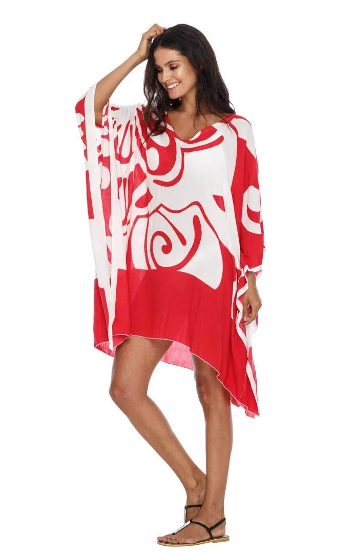 SHU-SHI Women's Short Beach Caftan - Butterfly Loose Swimsuit Cover-Up, Poncho Tunic Dress