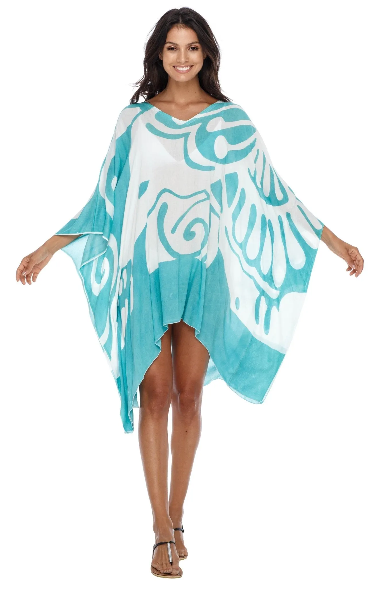 SHU-SHI Women's Short Beach Caftan - Butterfly Loose Swimsuit Cover-Up, Poncho Tunic Dress