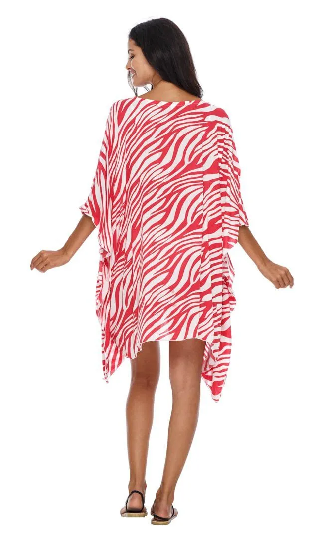 SHU-SHI Women's Short Beach Swimsuit Cover-Up Loose Caftan Poncho Beach Tunic Dress