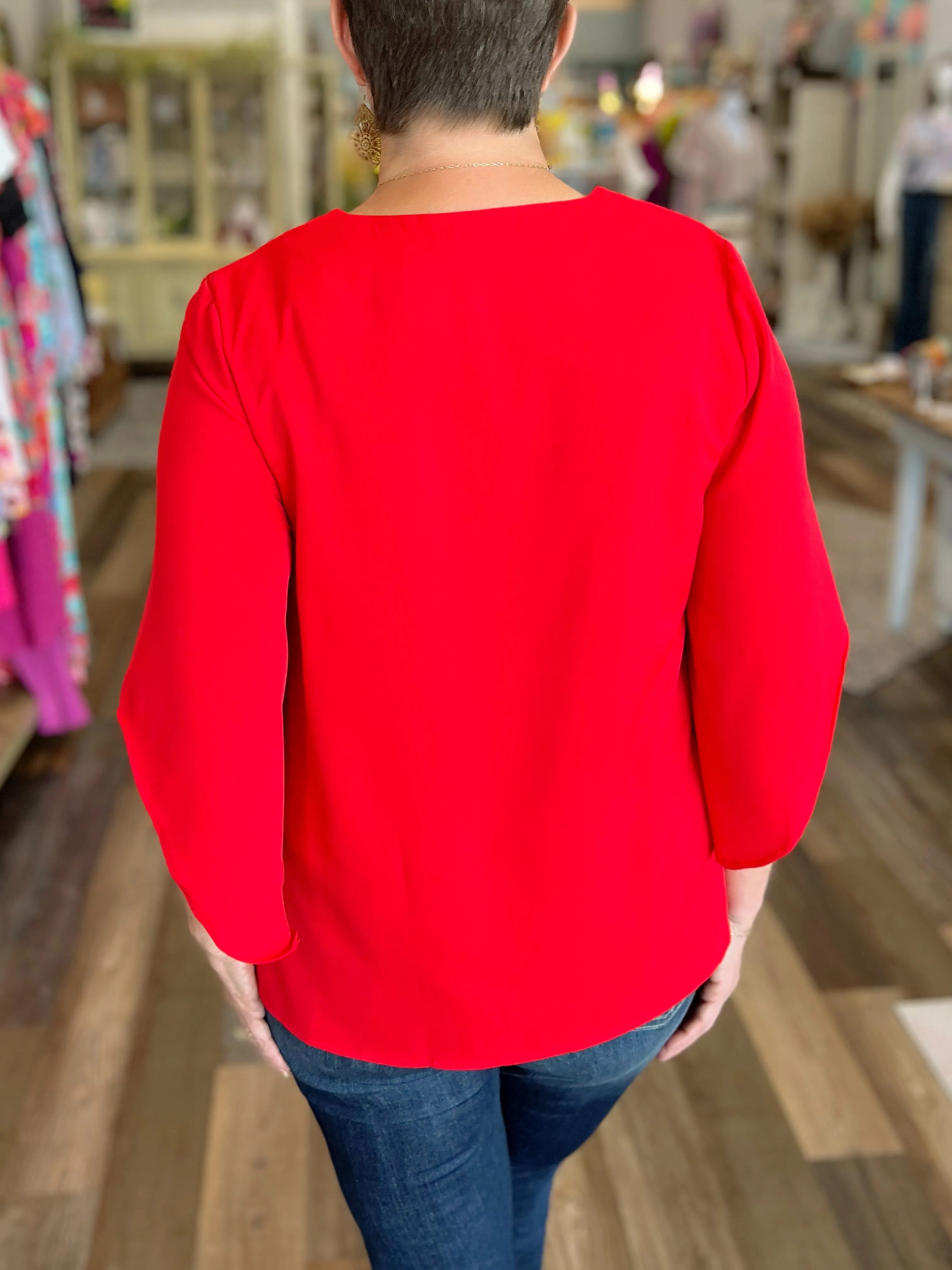 Solid V-Neck Bell Sleeve Top