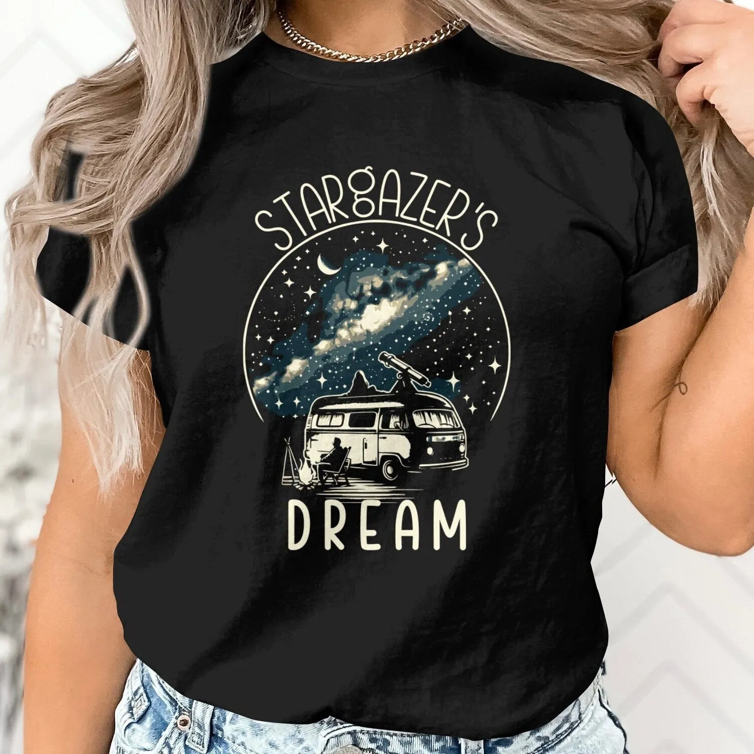 Stargazer's Dream T-Shirt, Unisex Cosmic Bull Print, Starry Night Camping Van Tee, Boho Style Casual Shirt, Astronomy Lovers Top, Sweatshirt