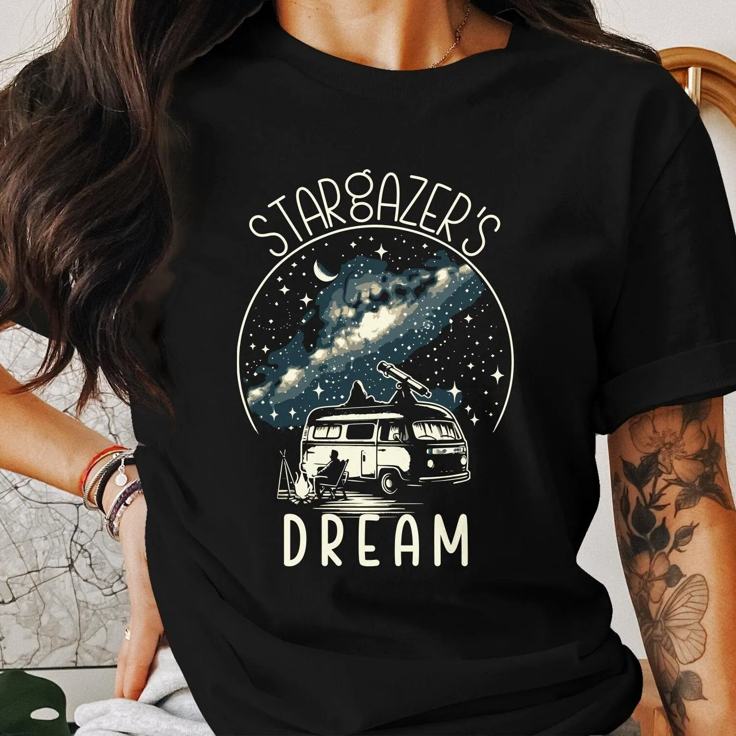 Stargazer's Dream T-Shirt, Unisex Cosmic Bull Print, Starry Night Camping Van Tee, Boho Style Casual Shirt, Astronomy Lovers Top, Sweatshirt