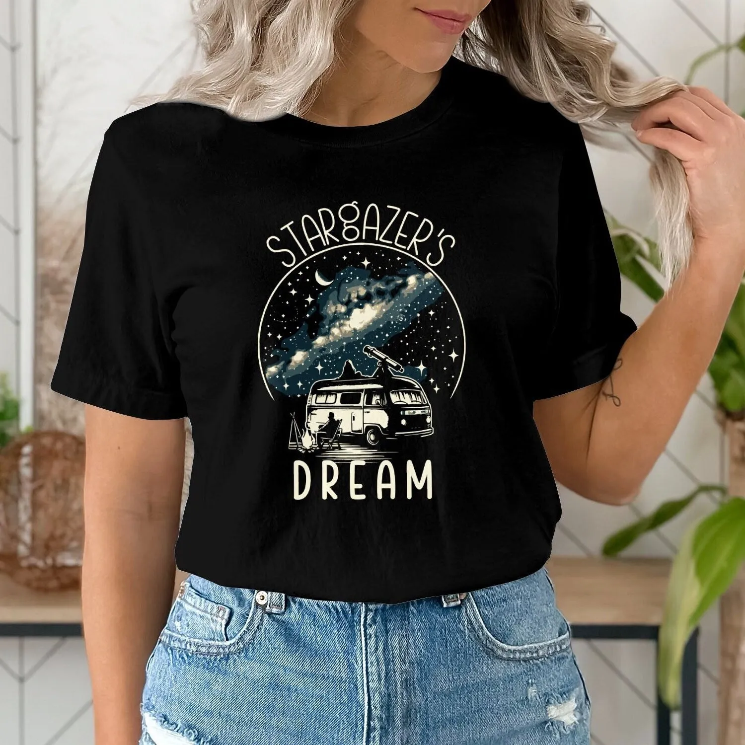 Stargazer's Dream T-Shirt, Unisex Cosmic Bull Print, Starry Night Camping Van Tee, Boho Style Casual Shirt, Astronomy Lovers Top, Sweatshirt