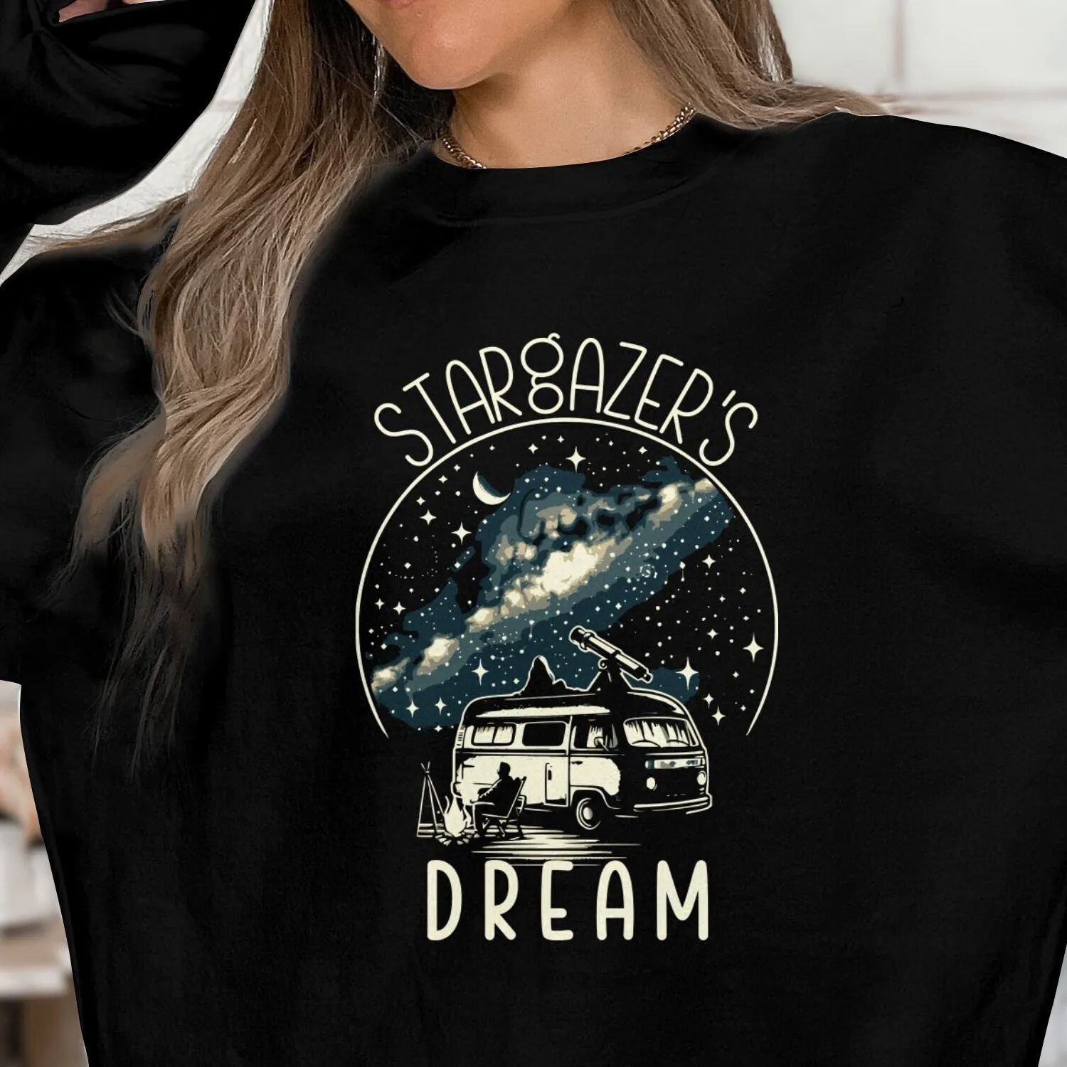 Stargazer's Dream T-Shirt, Unisex Cosmic Bull Print, Starry Night Camping Van Tee, Boho Style Casual Shirt, Astronomy Lovers Top, Sweatshirt