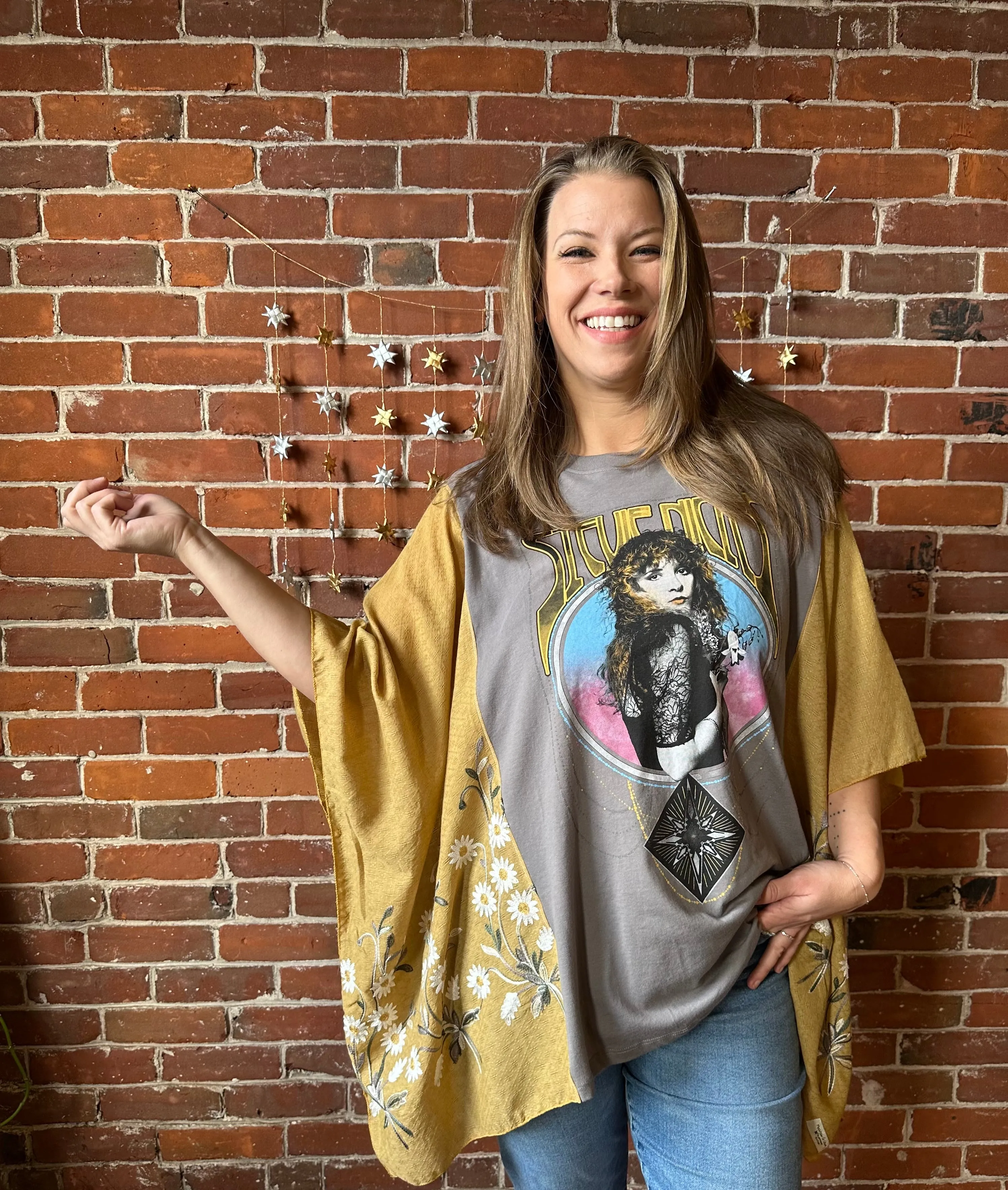 Stevie Nicks Inspired Prism Daisy Golden Yellow Embroidered Poncho