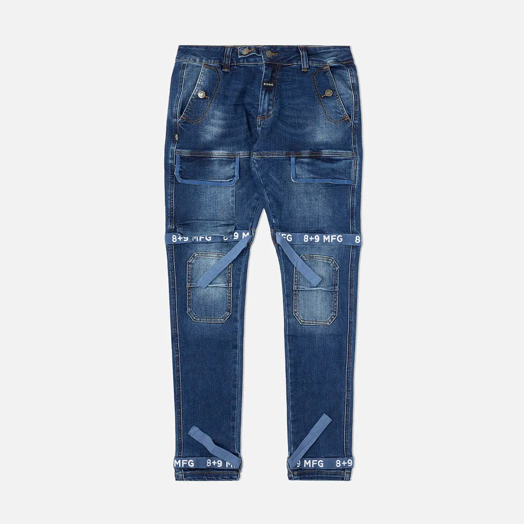 Strapped Up Slim Utility Dark Washed Jeans Navy Straps