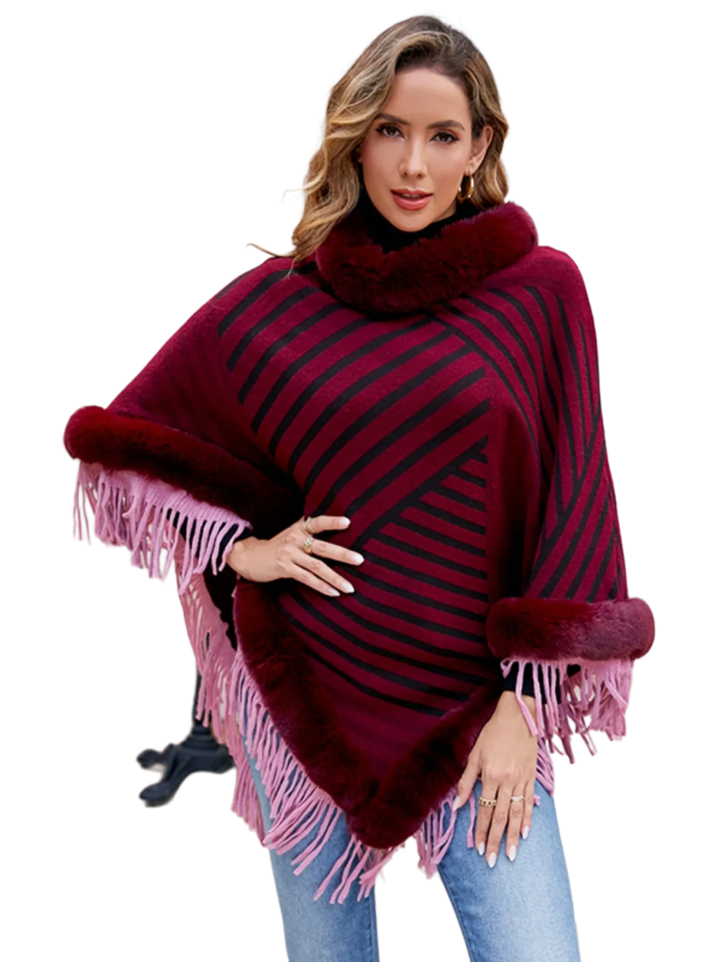 Striped Fringe Hem Poncho