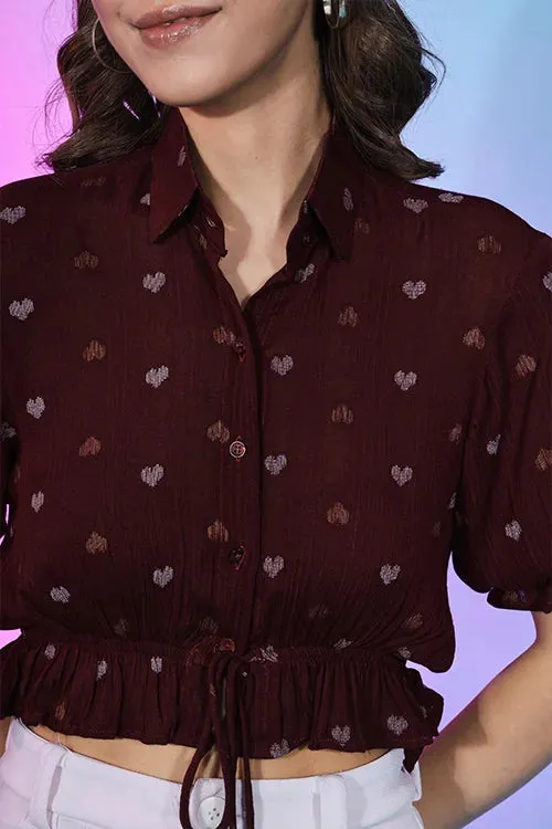 Stylish Maroon Viscose Rayon Self Design Collar Pattern Top