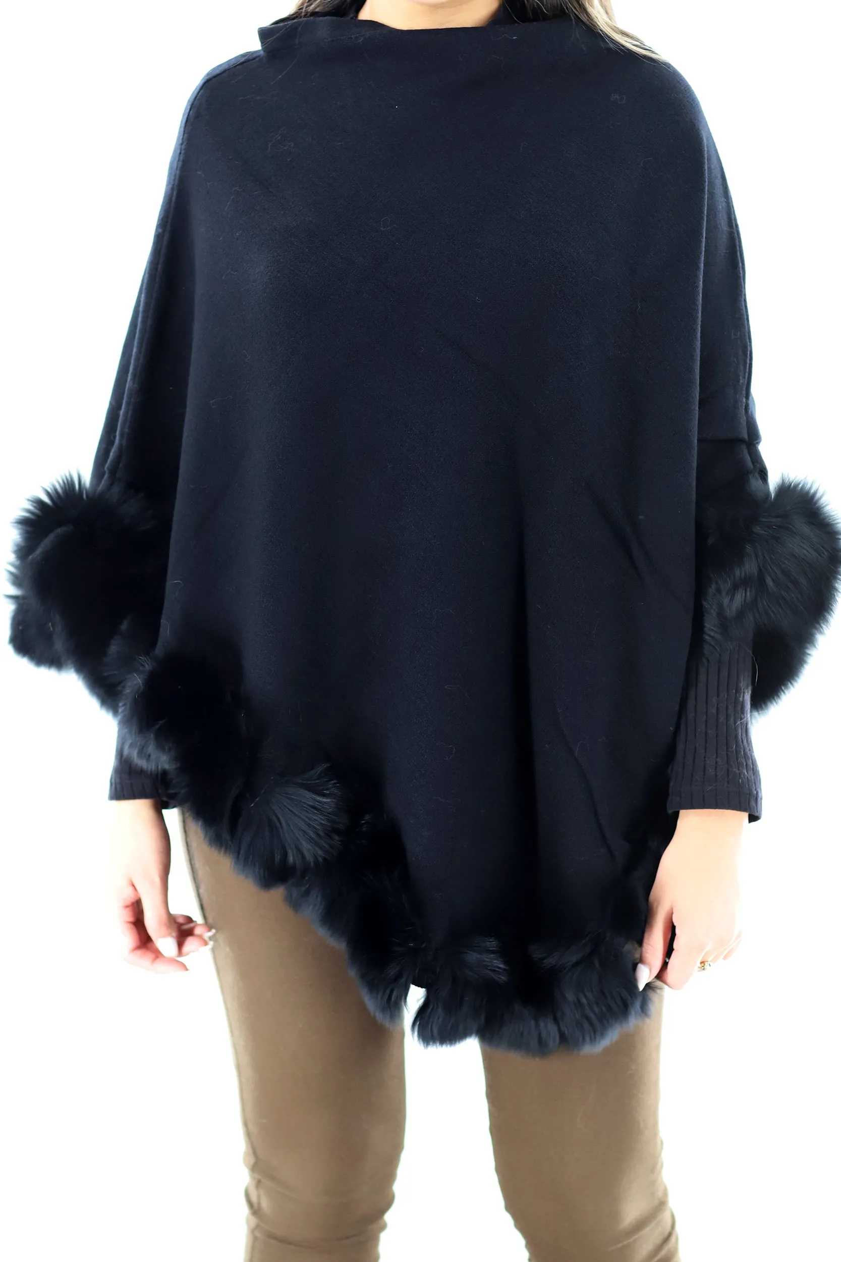 Stylish Poncho with Fur Trimming - Black