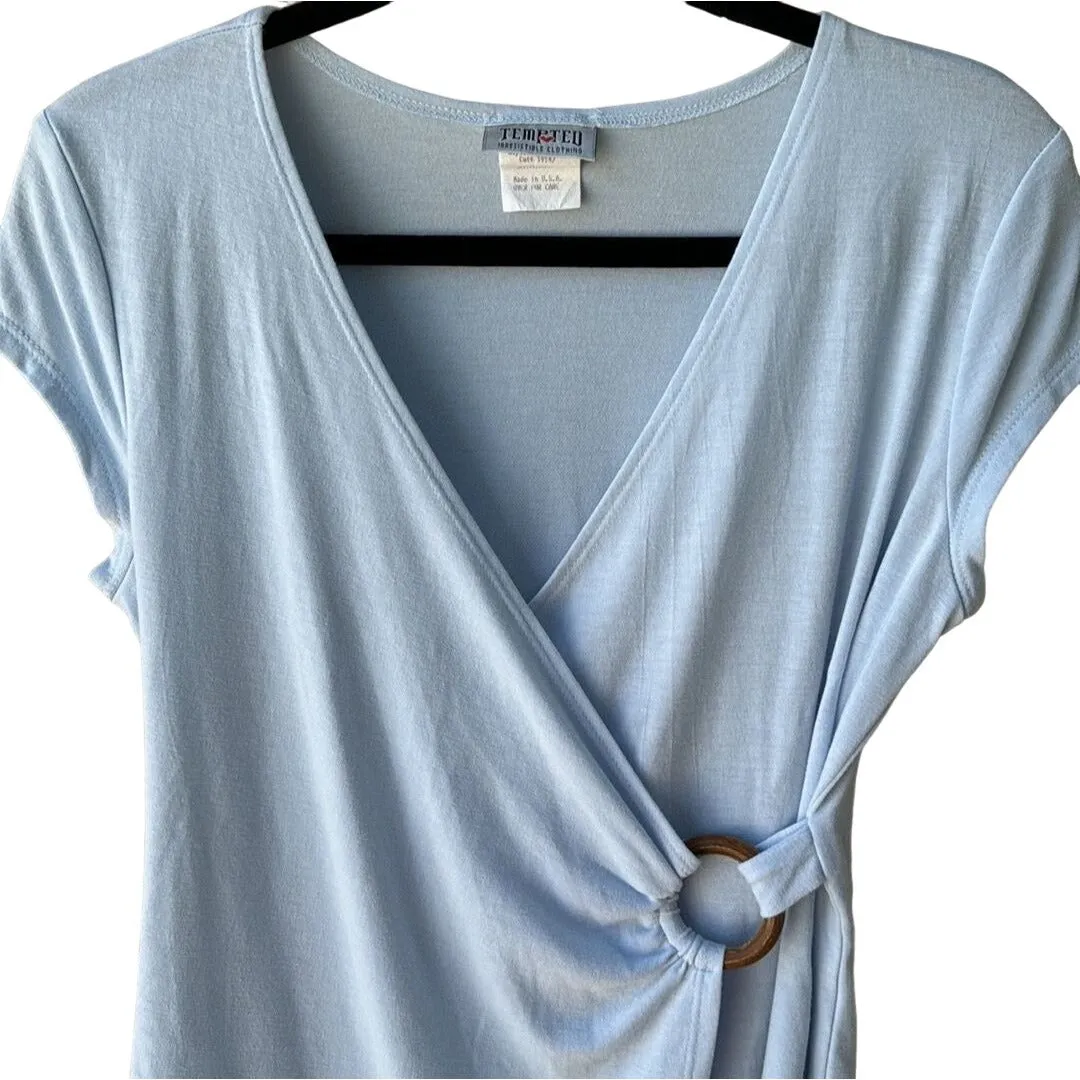 Tempted Irresistible Clothing Women's Light Blue Wrap Top Wooden Ring Accent -XL